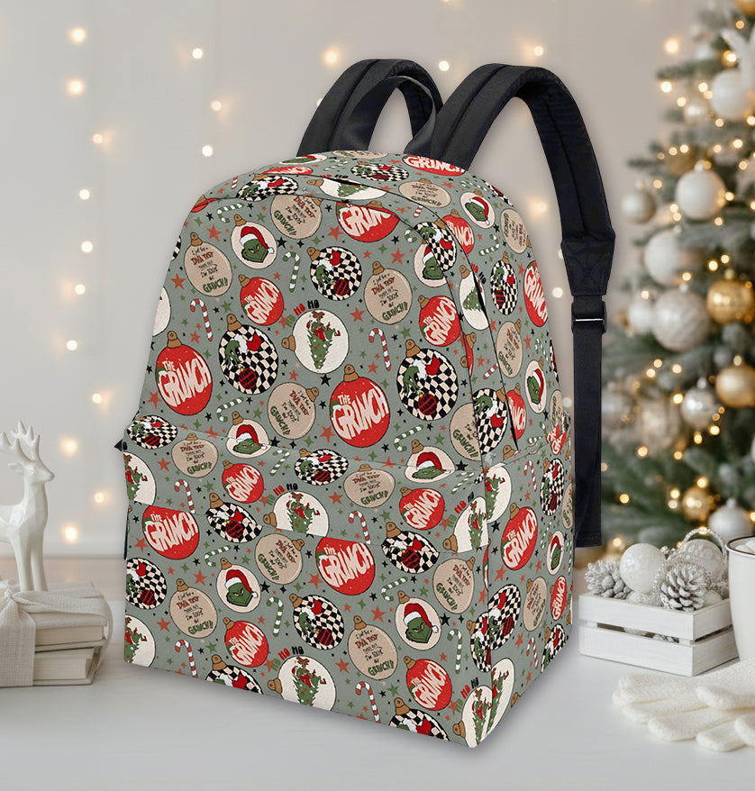 Grinch Ornament Backpack, Retro Holiday Ball Pattern, Christmas Gift Bag, Cute Travel School Backpack BPGR40