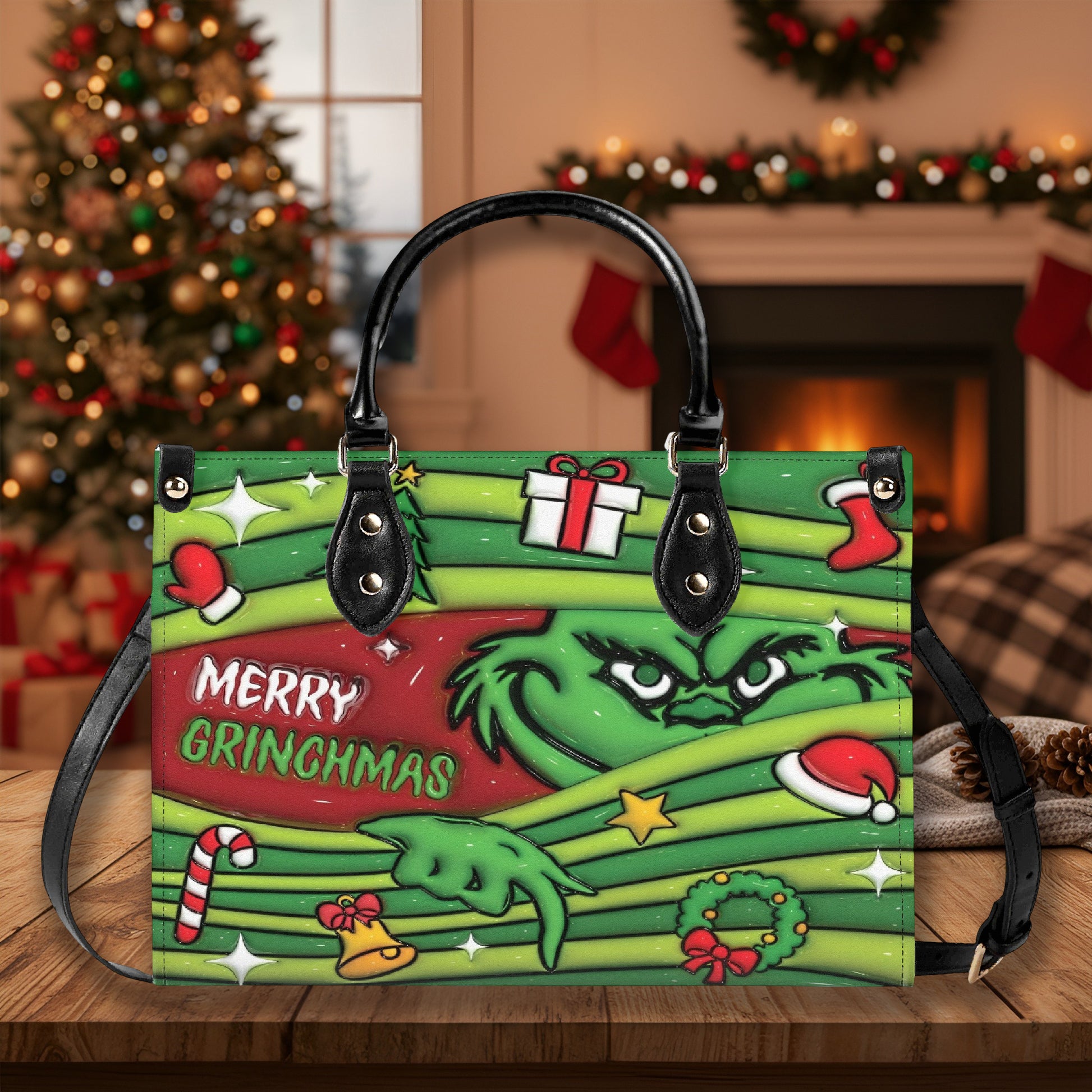 Merry Grinchmas Green Stripe HandBag, Christmas Gift Purse, Grinch Face Handbag, Holiday Party Accessory for Her