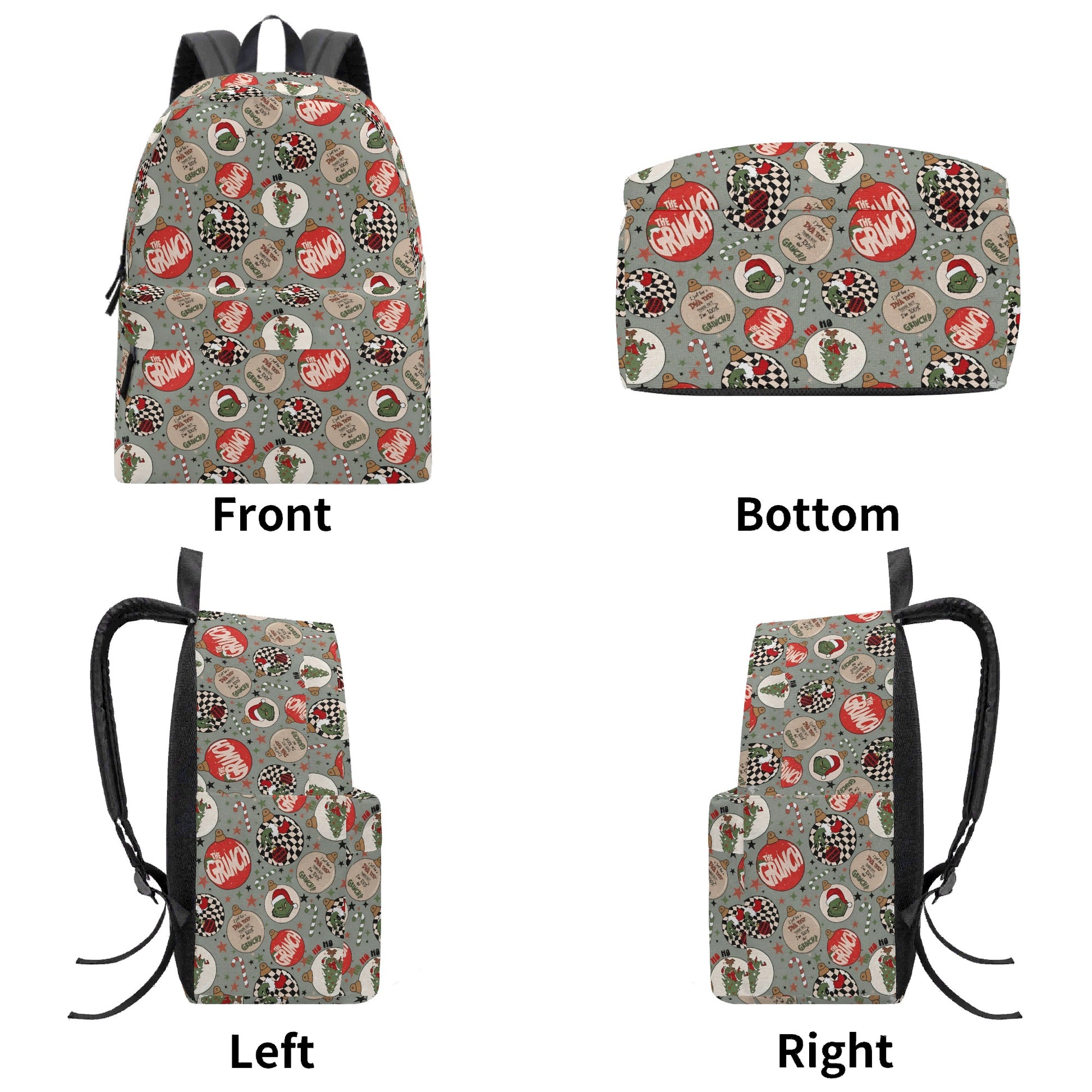 Grinch Ornament Backpack, Retro Holiday Ball Pattern, Christmas Gift Bag, Cute Travel School Backpack BPGR40