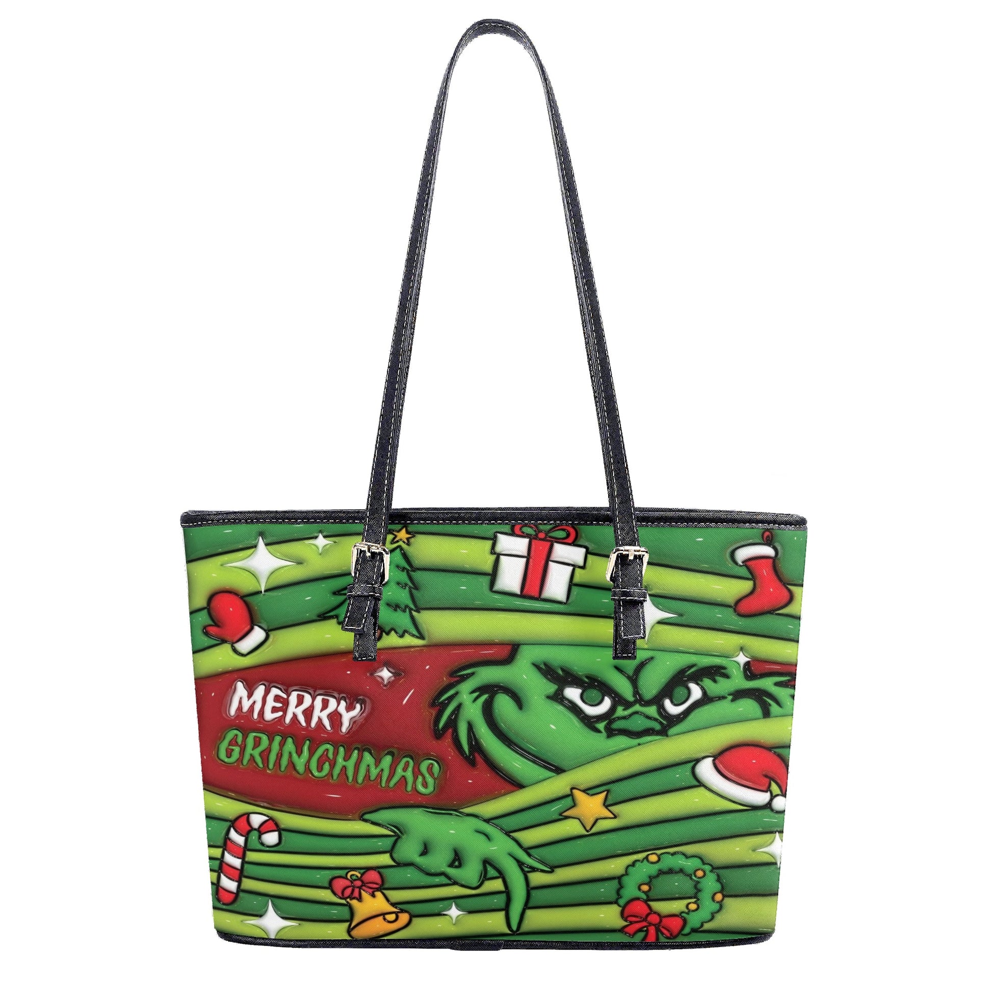 Merry Grinchmas Green Stripe HandBag, Christmas Gift Purse, Grinch Face Handbag, Holiday Party Accessory for Her