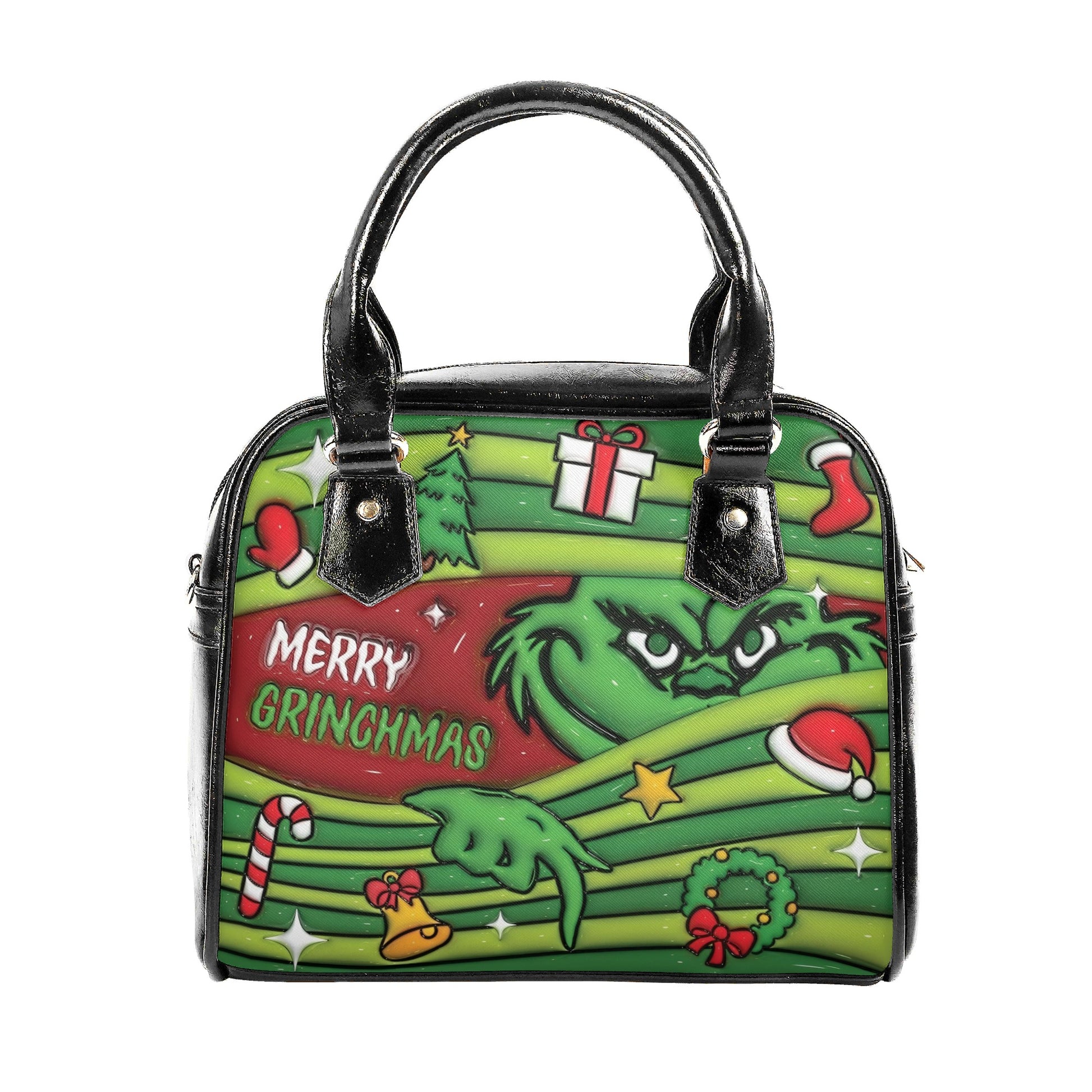 Merry Grinchmas Green Stripe HandBag, Christmas Gift Purse, Grinch Face Handbag, Holiday Party Accessory for Her