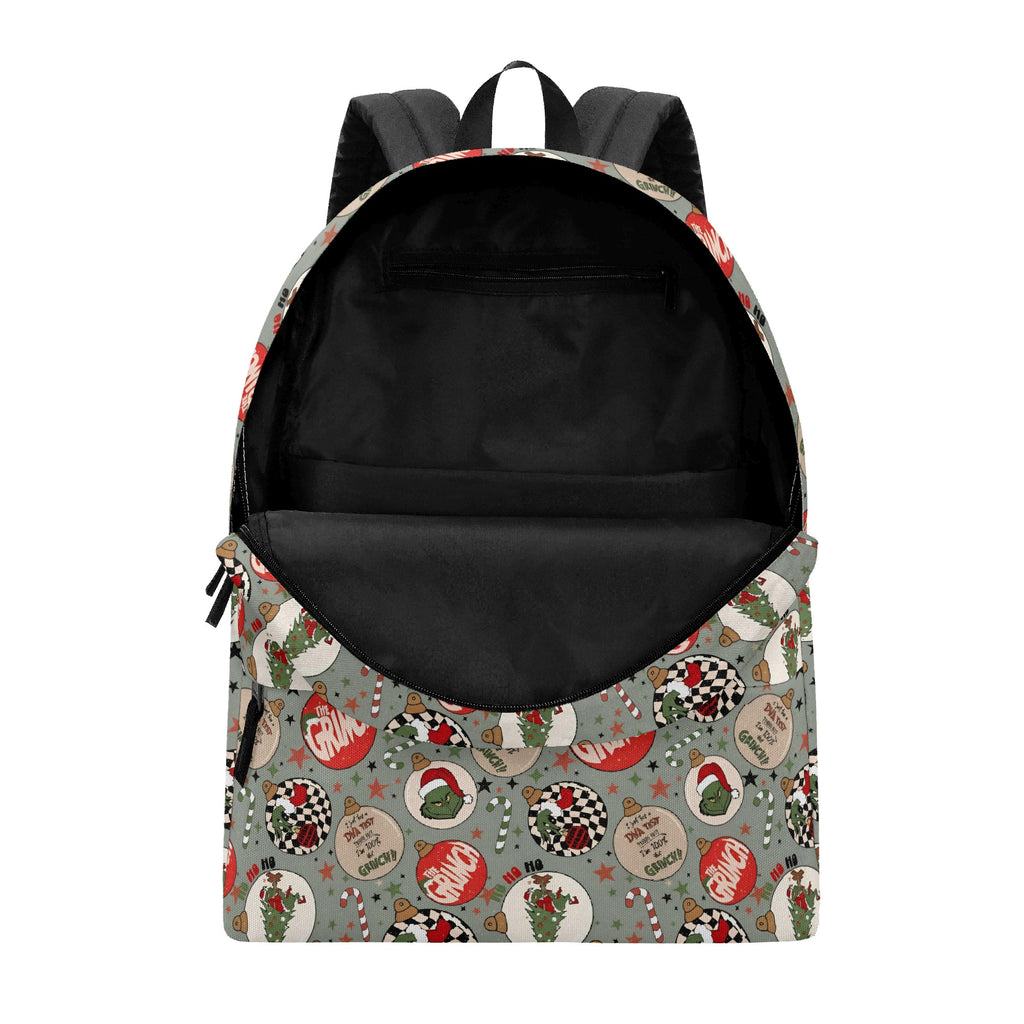 Grinch Ornament Backpack, Retro Holiday Ball Pattern, Christmas Gift Bag, Cute Travel School Backpack BPGR40