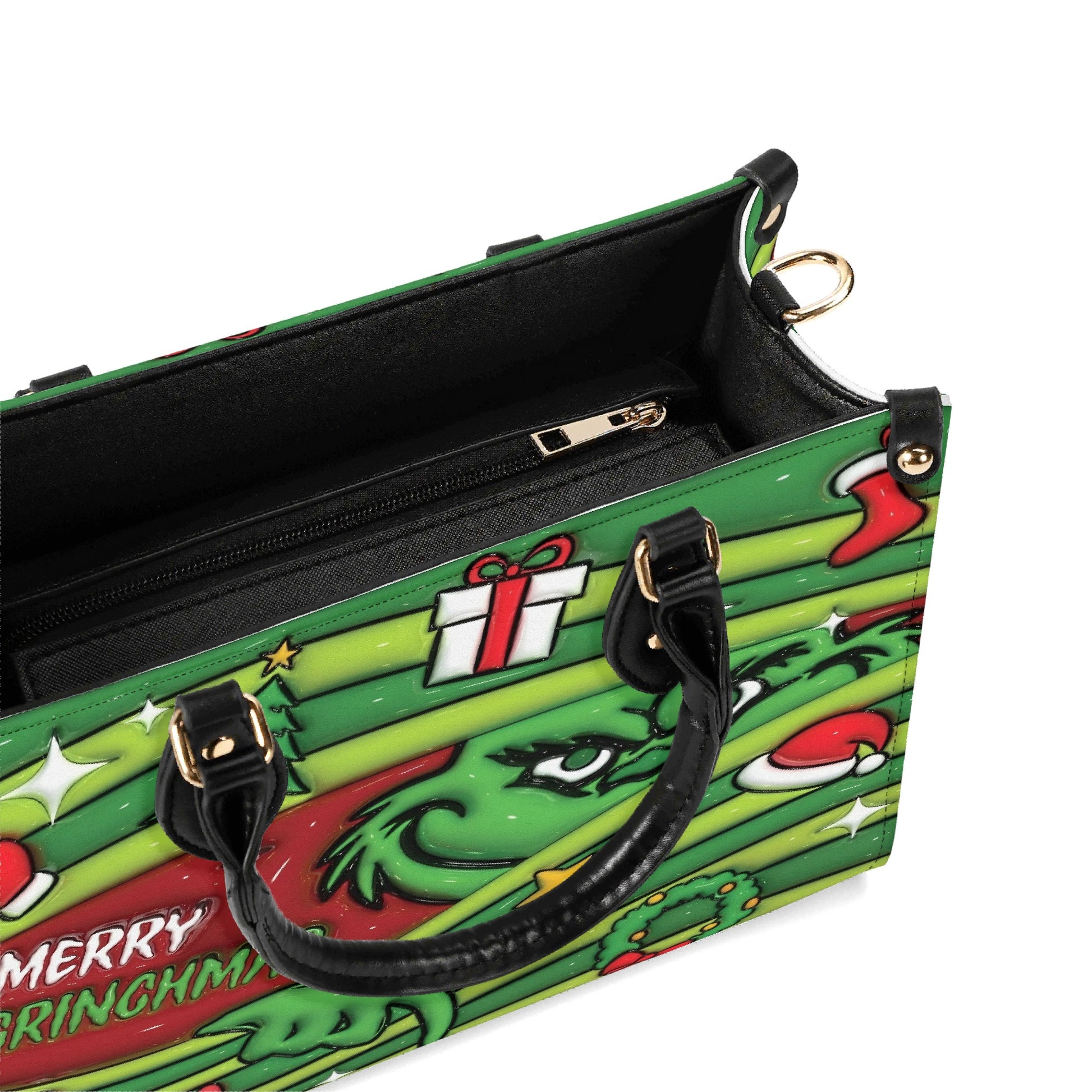 Merry Grinchmas Green Stripe HandBag, Christmas Gift Purse, Grinch Face Handbag, Holiday Party Accessory for Her