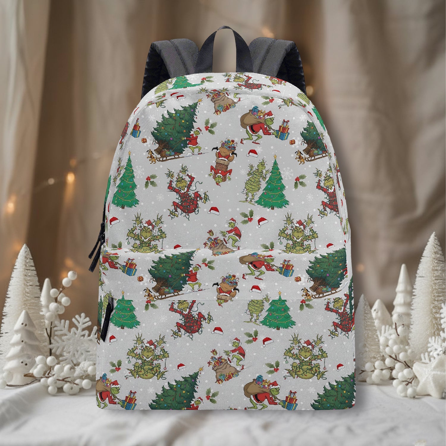 Grinch Sleigh Ride Backpack, Christmas Tree Pattern, Vintage Holiday Gift Bag, Winter Travel School Backpack, Christmas Gifts BPGR41