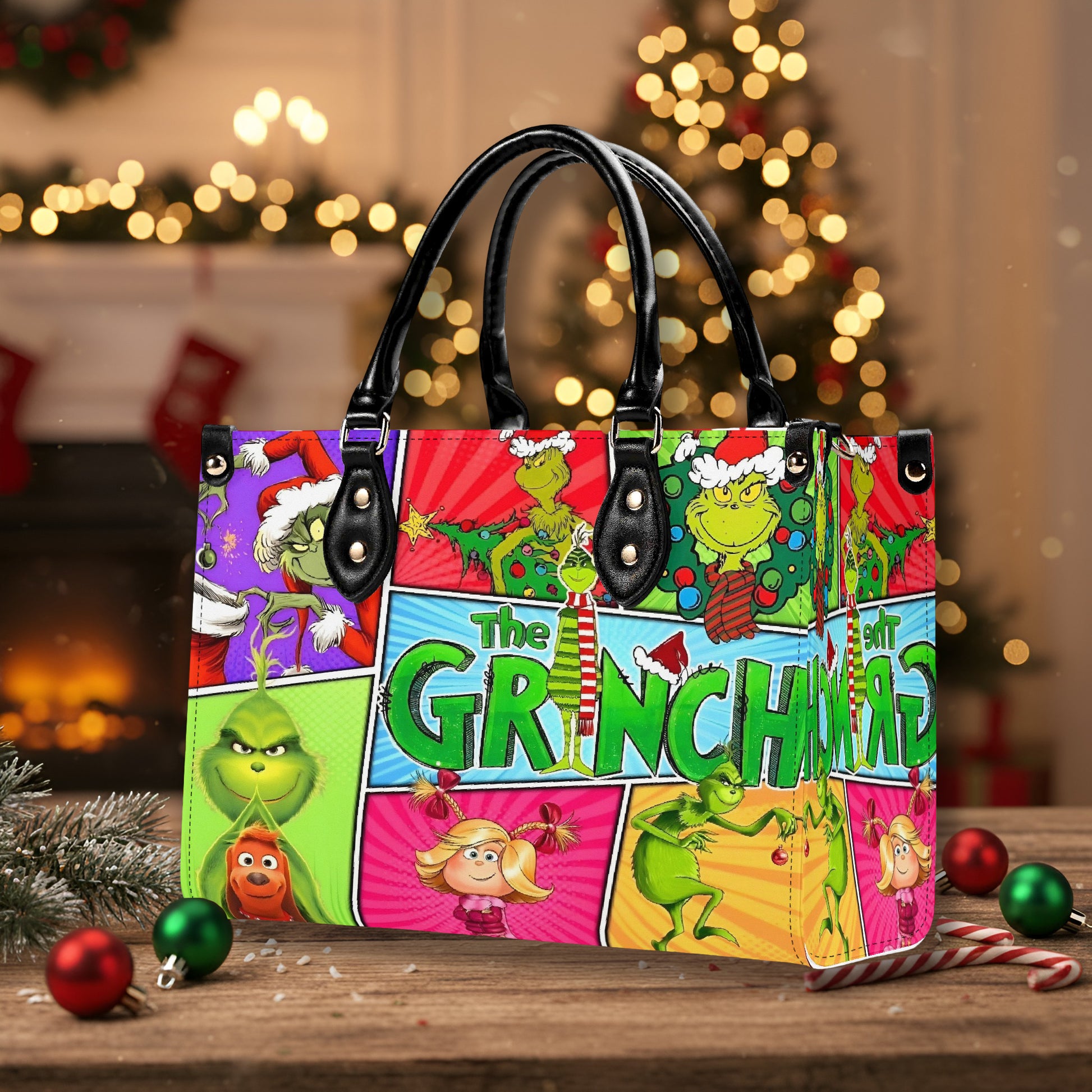 The Grinch Comic HandBag, Retro Christmas Purse, Whoville Holiday Leather Bag, Festive Gift Bag, Cute Xmas Bag