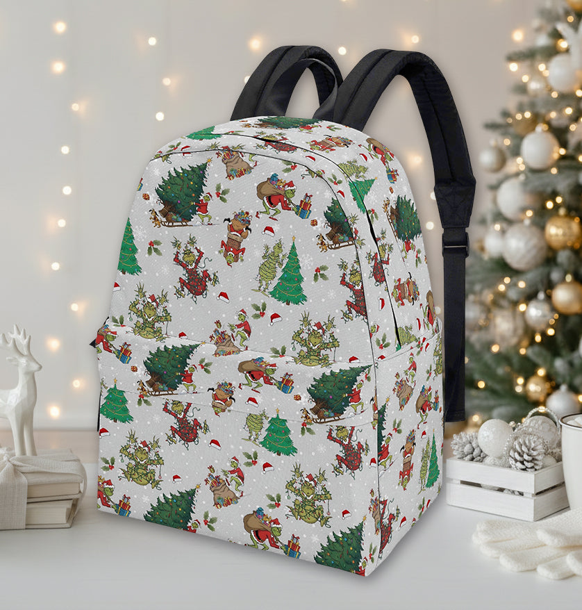 Grinch Sleigh Ride Backpack, Christmas Tree Pattern, Vintage Holiday Gift Bag, Winter Travel School Backpack, Christmas Gifts BPGR41