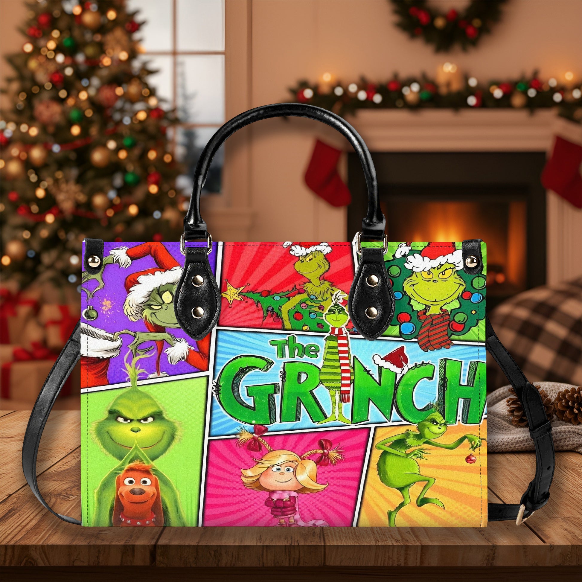 The Grinch Comic HandBag, Retro Christmas Purse, Whoville Holiday Leather Bag, Festive Gift Bag, Cute Xmas Bag