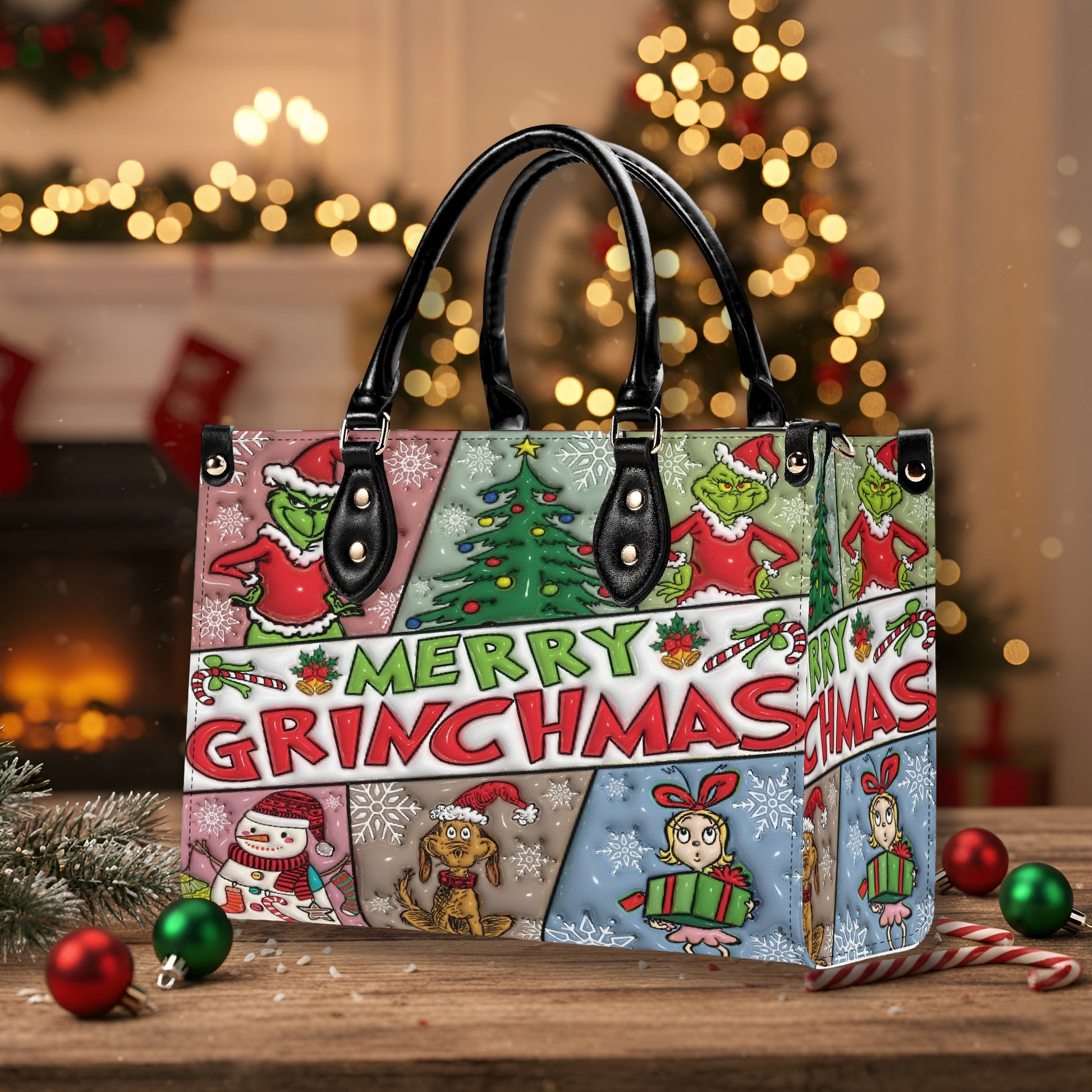 Merry Grinchmas Christmas HandBag, Snowflake Pattern Purse, Festive Winter Leather Bag, Funny Holiday Gift for Her