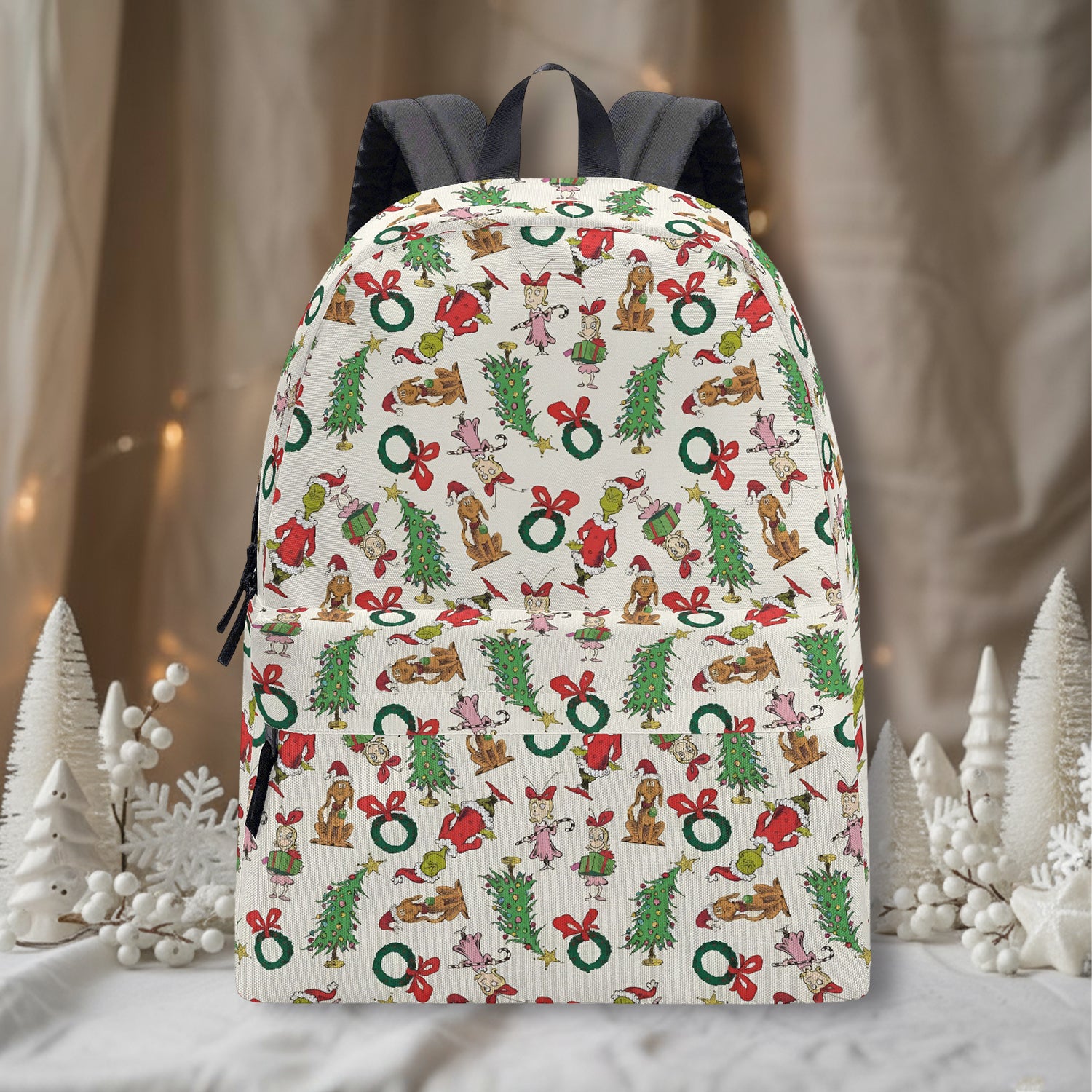Grinch Wreath Backpack, Cute Christmas Pattern, Holiday Gift Bag, Allover Print, Travel School Backpack, Christmas Gifts BPGR42