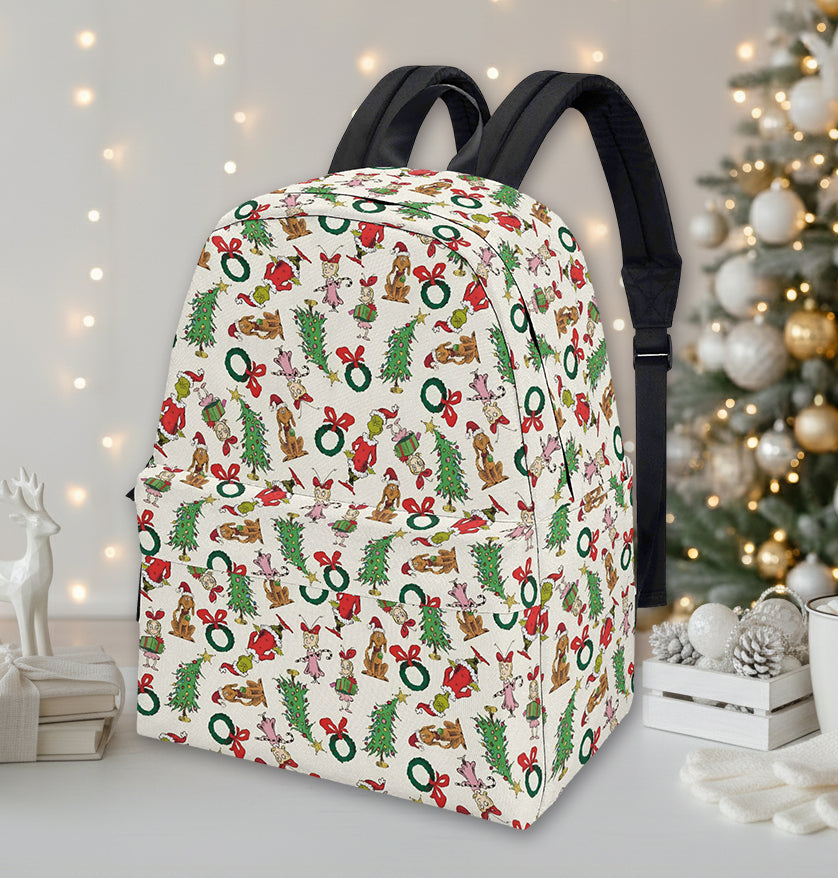 Grinch Wreath Backpack, Cute Christmas Pattern, Holiday Gift Bag, Allover Print, Travel School Backpack, Christmas Gifts BPGR42