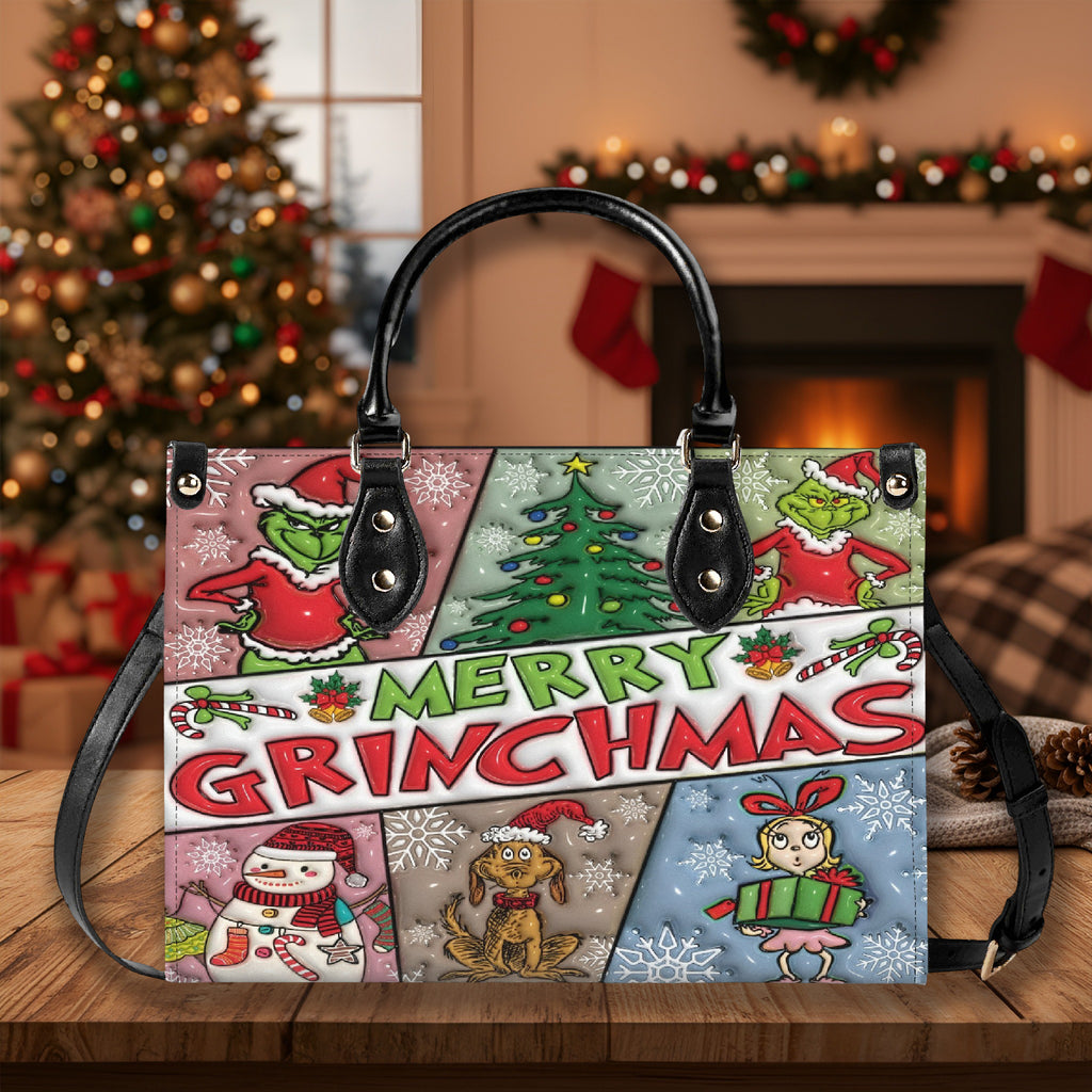 Merry Grinchmas Christmas HandBag, Snowflake Pattern Purse, Festive Winter Leather Bag, Funny Holiday Gift for Her