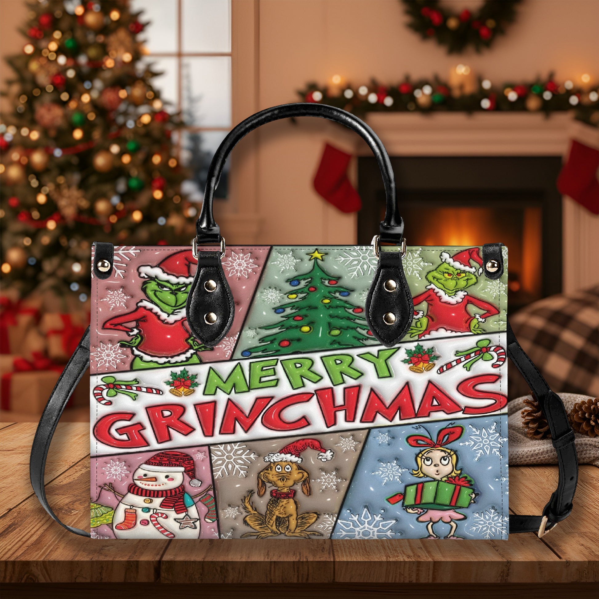 Merry Grinchmas Christmas HandBag, Snowflake Pattern Purse, Festive Winter Leather Bag, Funny Holiday Gift for Her