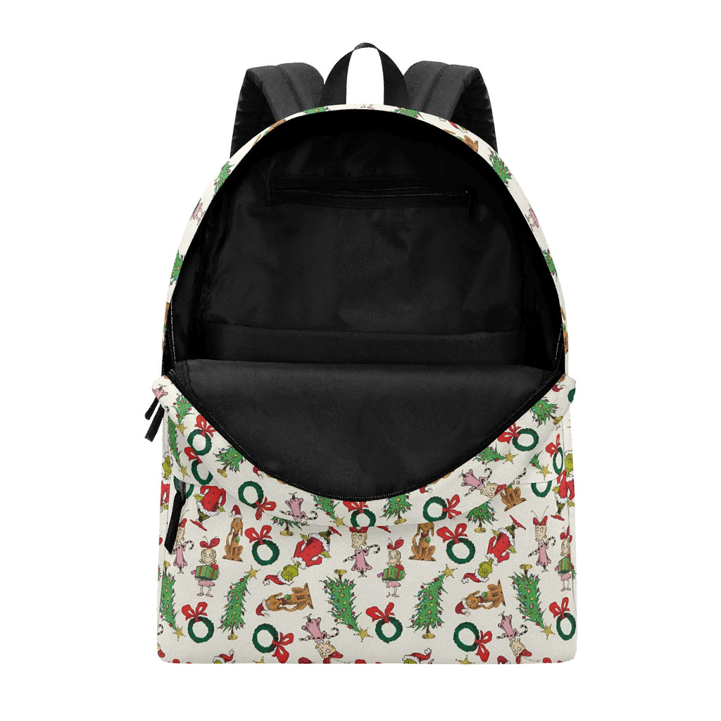 Grinch Wreath Backpack, Cute Christmas Pattern, Holiday Gift Bag, Allover Print, Travel School Backpack, Christmas Gifts BPGR42