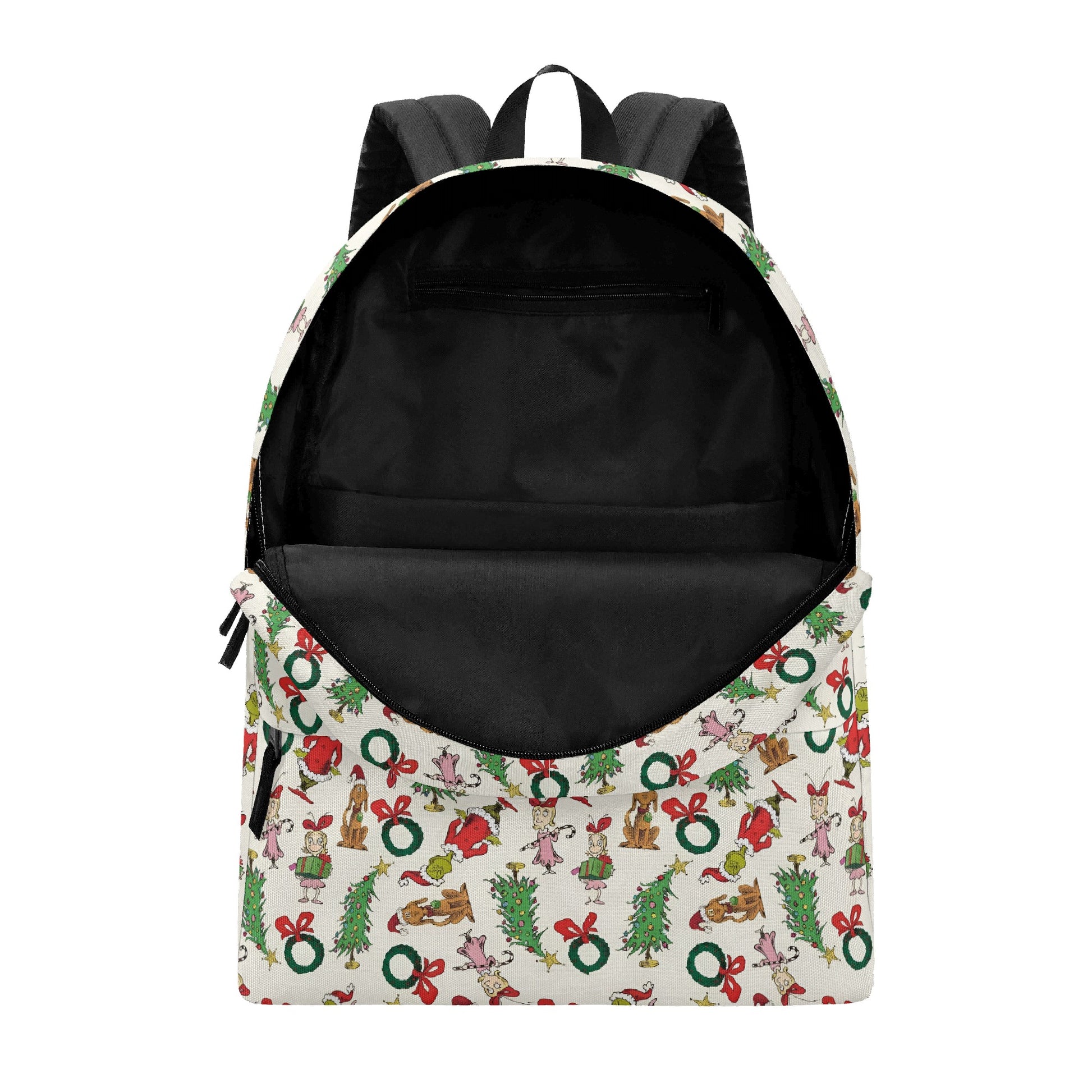Grinch Wreath Backpack, Cute Christmas Pattern, Holiday Gift Bag, Allover Print, Travel School Backpack, Christmas Gifts BPGR42