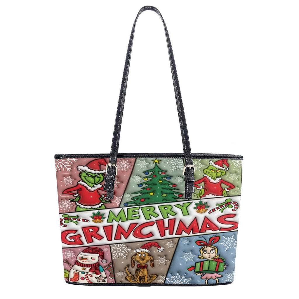 Merry Grinchmas Christmas HandBag, Snowflake Pattern Purse, Festive Winter Leather Bag, Funny Holiday Gift for Her