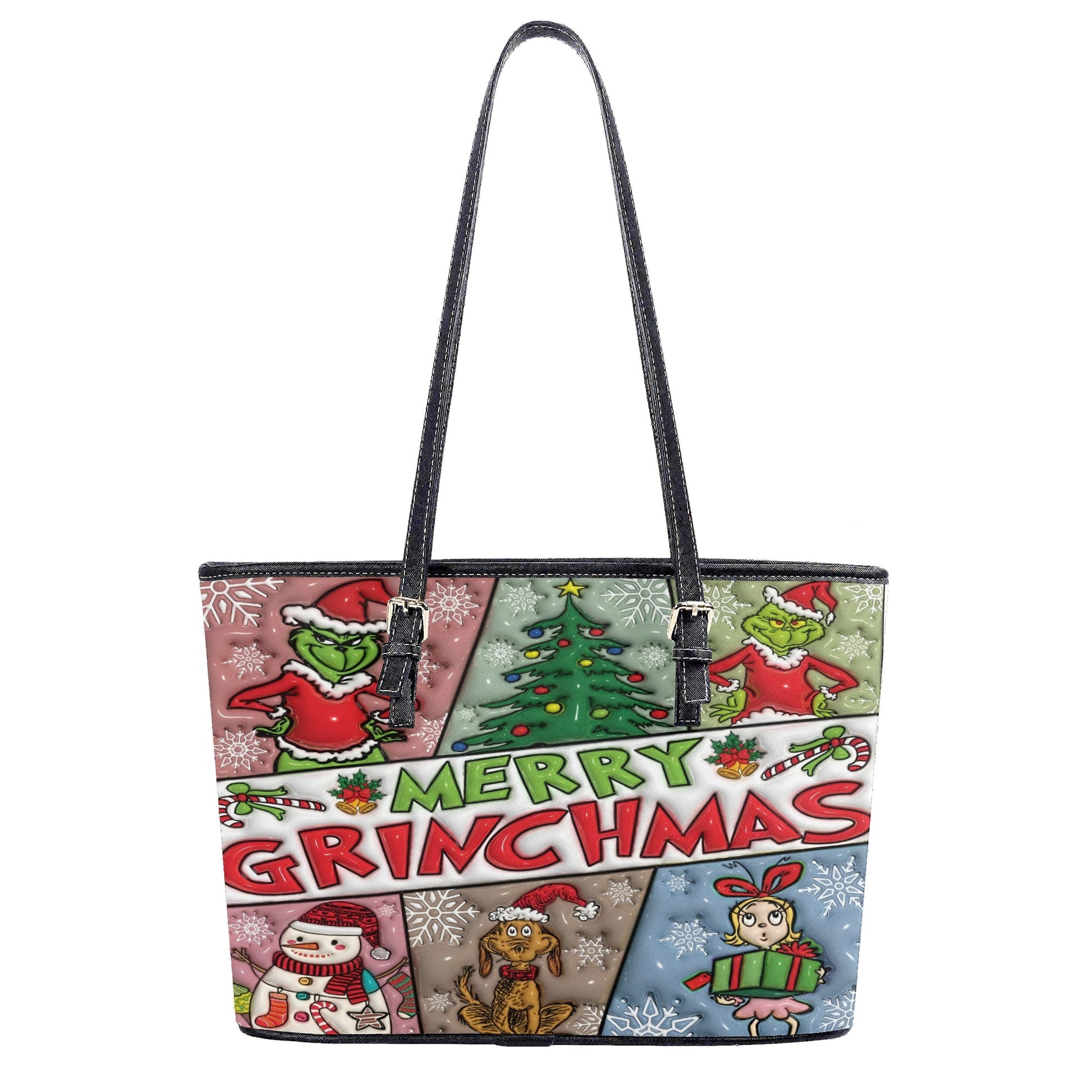 Merry Grinchmas Christmas HandBag, Snowflake Pattern Purse, Festive Winter Leather Bag, Funny Holiday Gift for Her