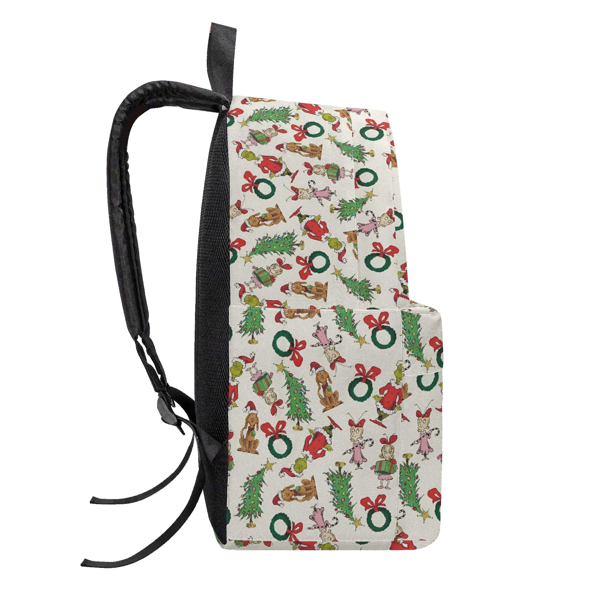 Grinch Wreath Backpack, Cute Christmas Pattern, Holiday Gift Bag, Allover Print, Travel School Backpack, Christmas Gifts BPGR42