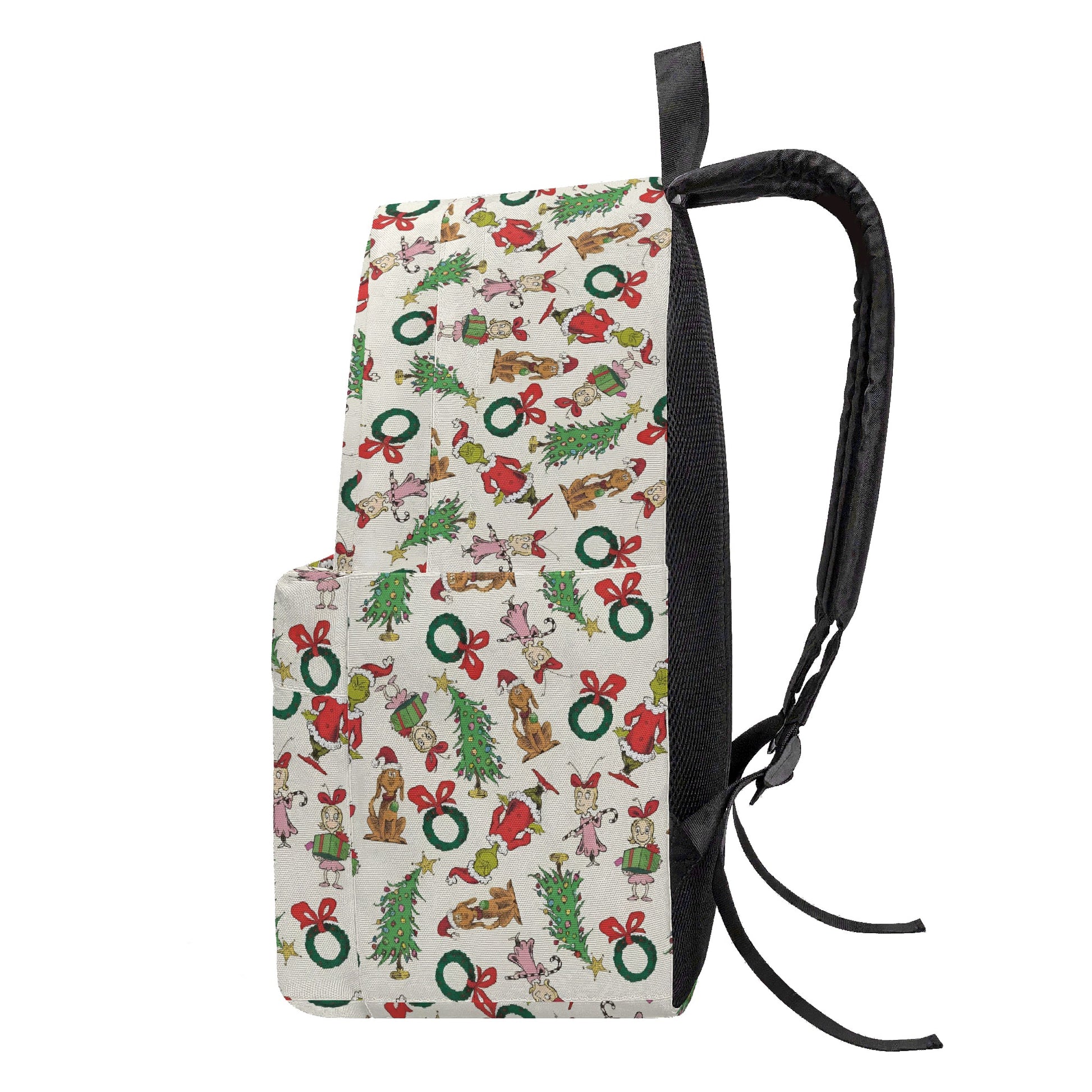 Grinch Wreath Backpack, Cute Christmas Pattern, Holiday Gift Bag, Allover Print, Travel School Backpack, Christmas Gifts BPGR42
