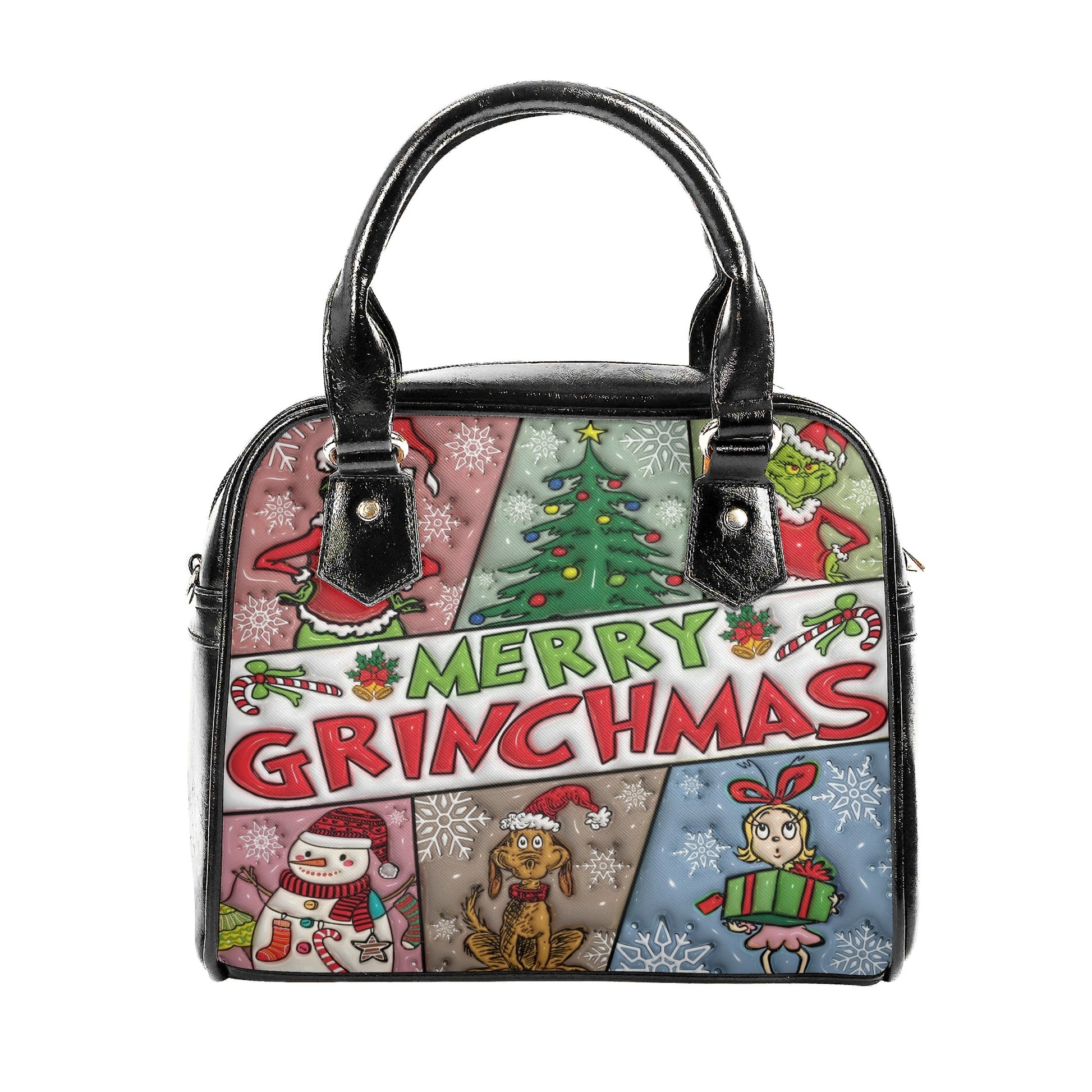 Merry Grinchmas Christmas HandBag, Snowflake Pattern Purse, Festive Winter Leather Bag, Funny Holiday Gift for Her