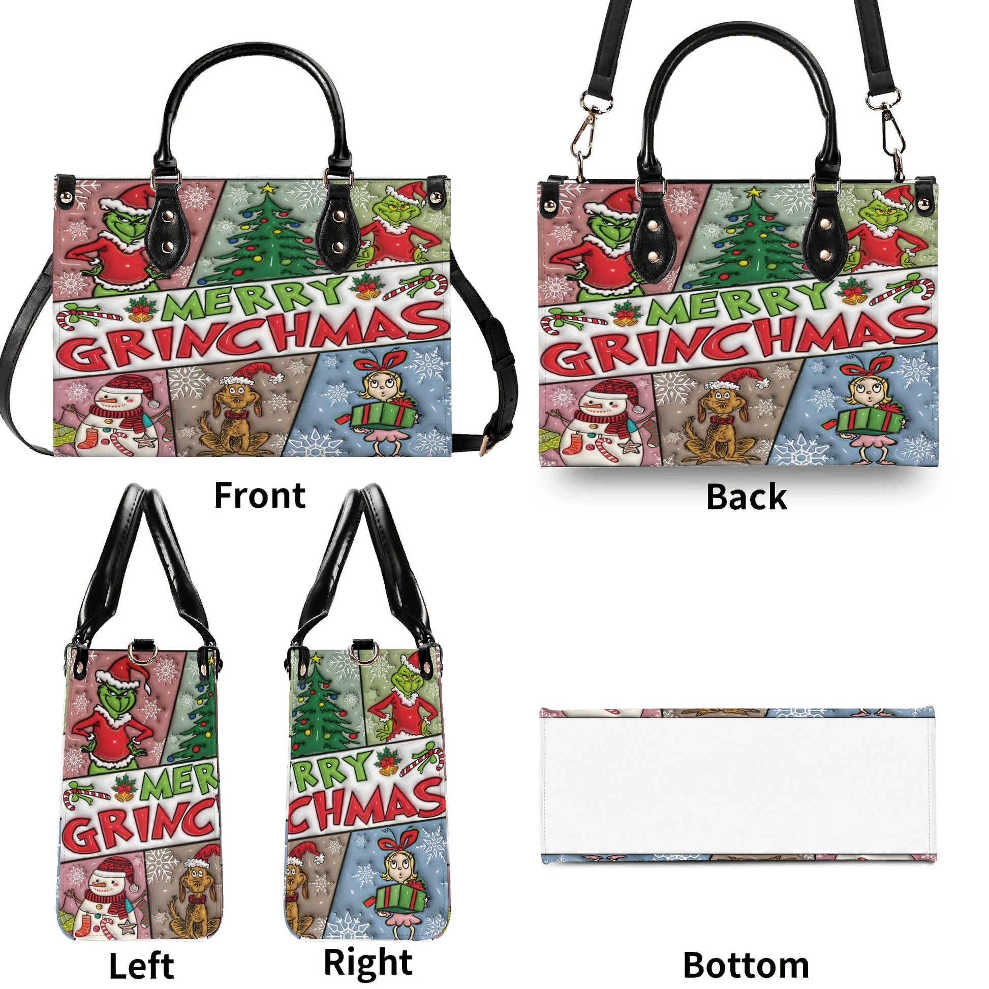 Merry Grinchmas Christmas HandBag, Snowflake Pattern Purse, Festive Winter Leather Bag, Funny Holiday Gift for Her