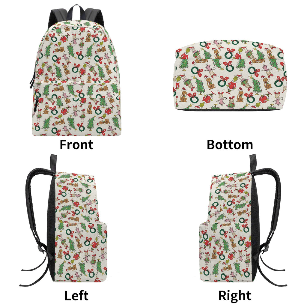Grinch Wreath Backpack, Cute Christmas Pattern, Holiday Gift Bag, Allover Print, Travel School Backpack, Christmas Gifts BPGR42