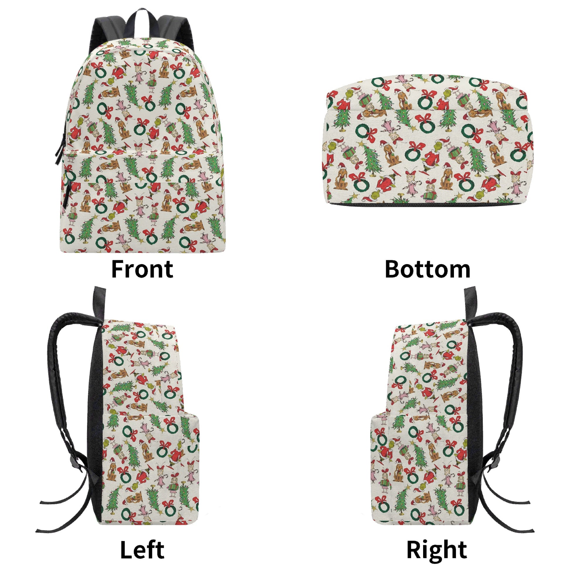 Grinch Wreath Backpack, Cute Christmas Pattern, Holiday Gift Bag, Allover Print, Travel School Backpack, Christmas Gifts BPGR42