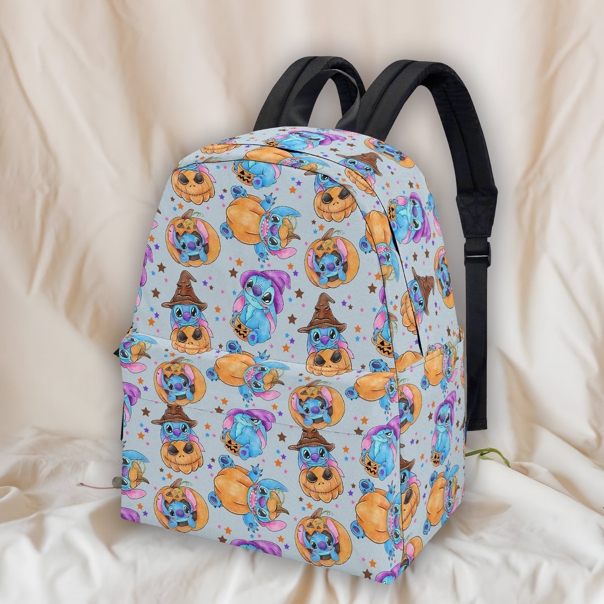 Stitch Halloween Backpack, Pumpkin Magic Witch Hat Print, Cute Spooky Bag for October Fans BPGR22