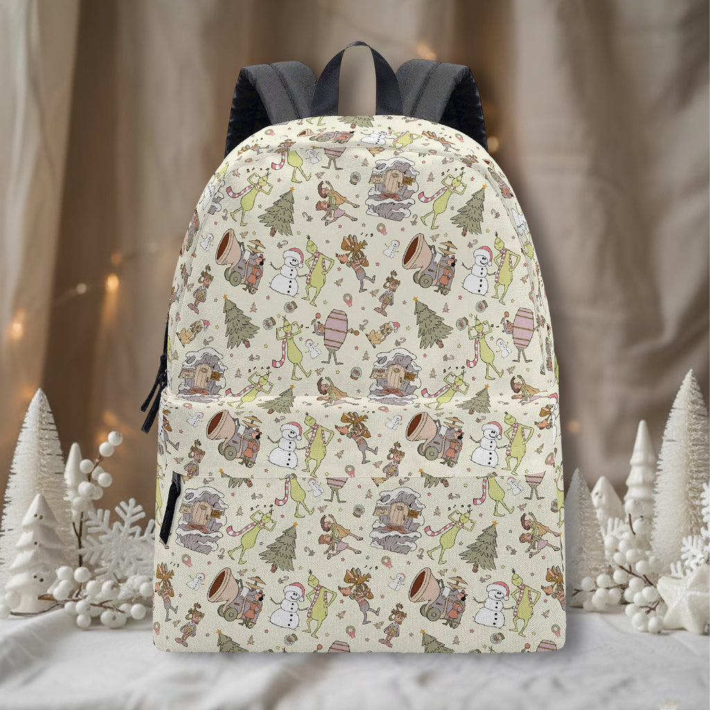 Grinch Village Scene Backpack, Vintage Christmas Pattern, Cozy Holiday Gift, Winter Travel School Bags BPGR43