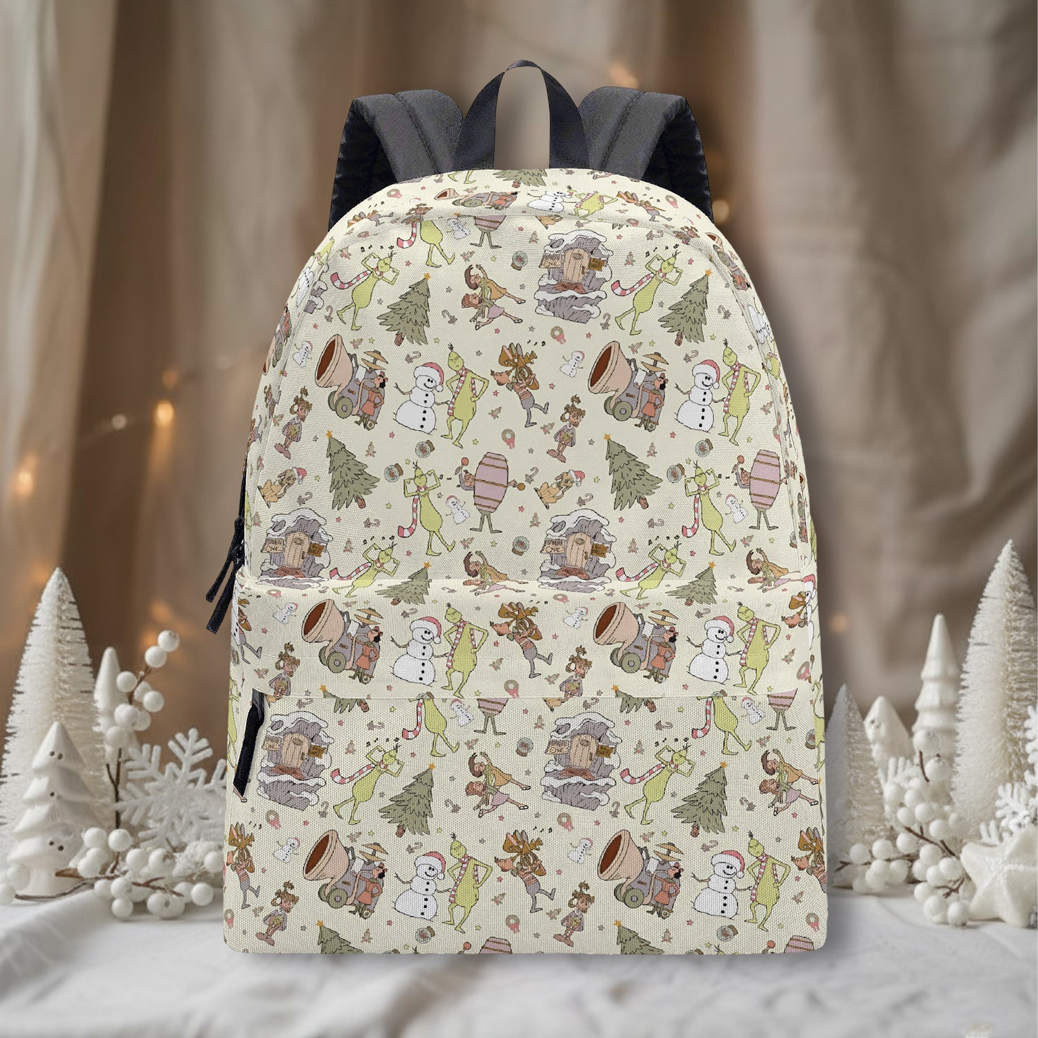 Grinch Village Scene Backpack, Vintage Christmas Pattern, Cozy Holiday Gift, Winter Travel School Bags BPGR43