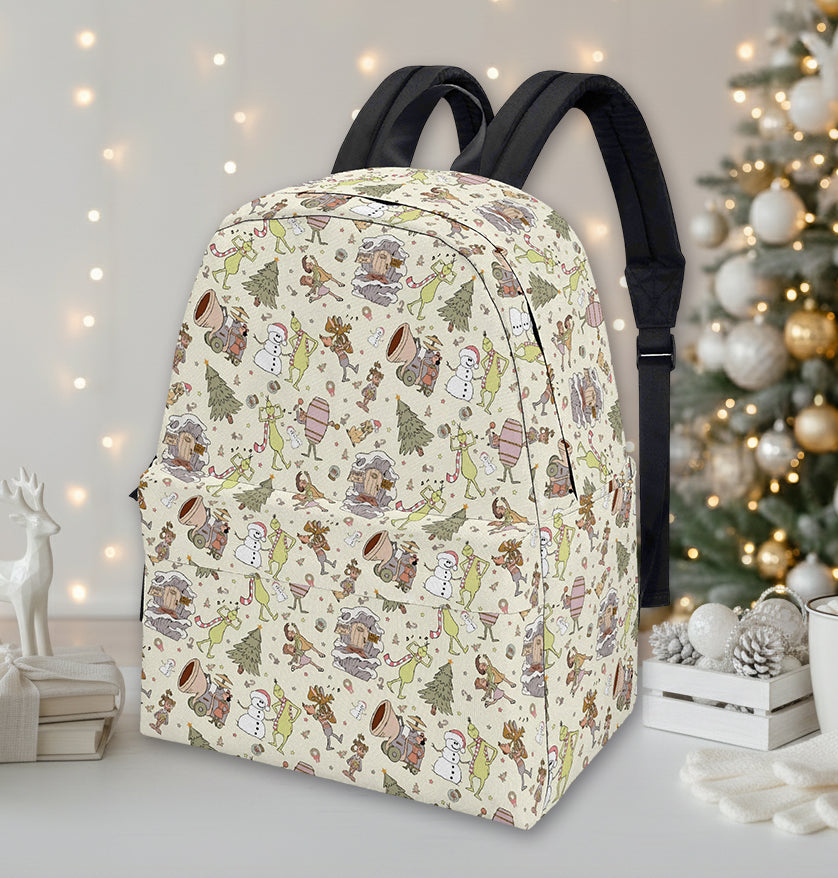 Grinch Village Scene Backpack, Vintage Christmas Pattern, Cozy Holiday Gift, Winter Travel School Bags BPGR43