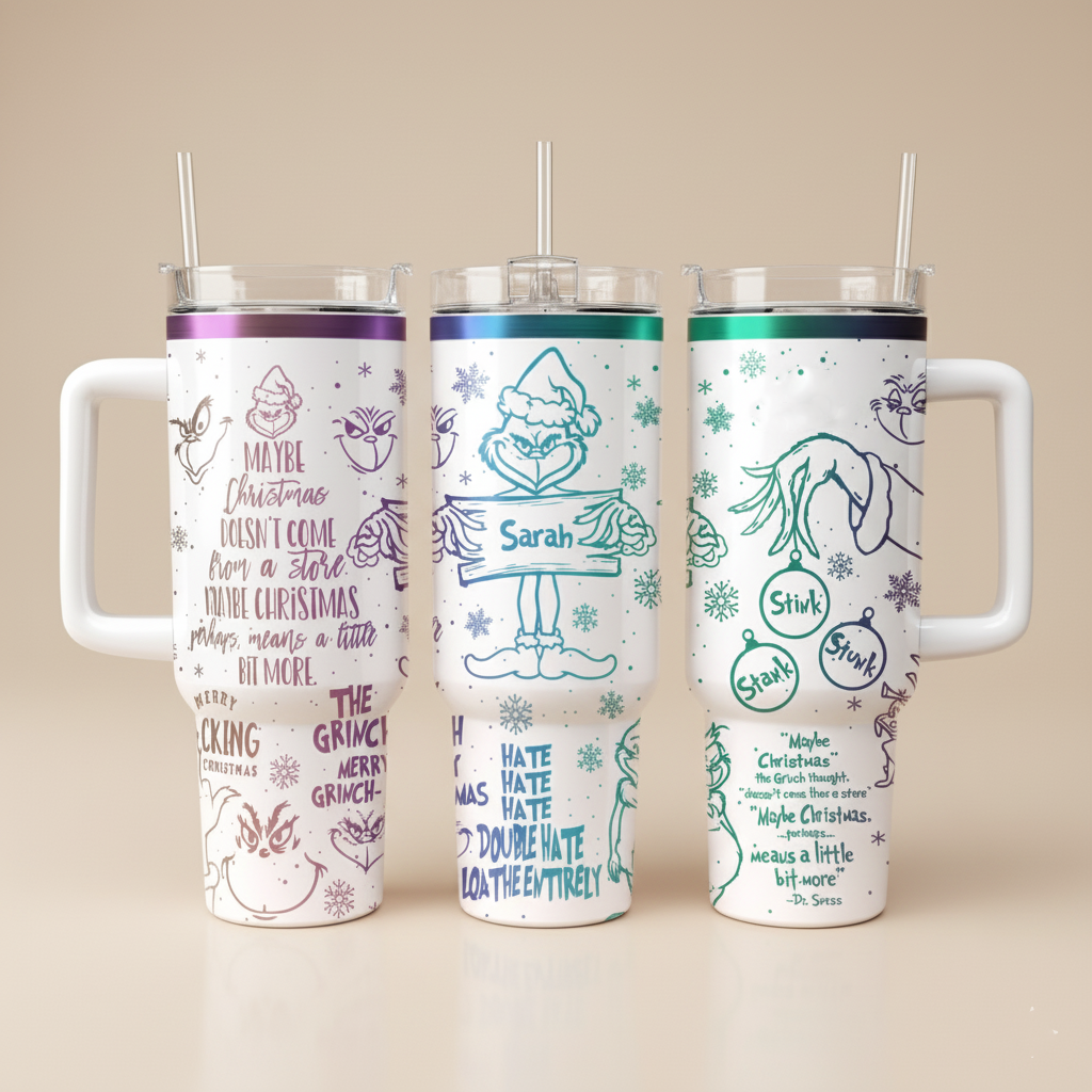 Stink Stank Stunk Quote Tumbler, Christmas Holiday Pattern Cup, Personalized Grinch Mug with Handle, Christtmas Gift