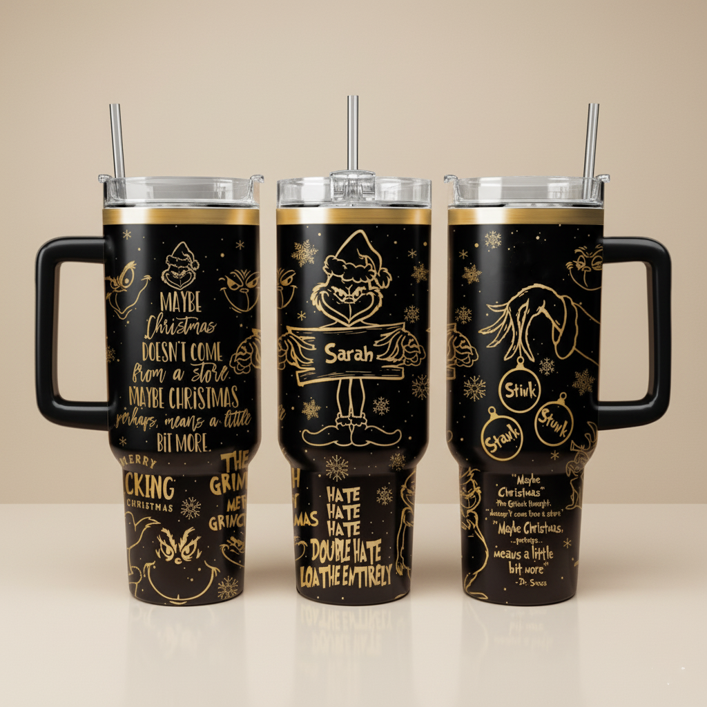 Stink Stank Stunk Quote Tumbler, Christmas Holiday Pattern Cup, Personalized Grinch Mug with Handle, Christtmas Gift
