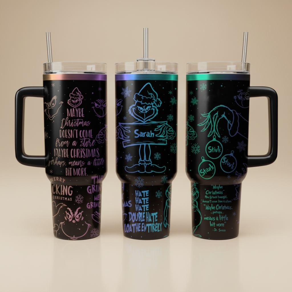 Stink Stank Stunk Quote Tumbler, Christmas Holiday Pattern Cup, Personalized Grinch Mug with Handle, Christtmas Gift