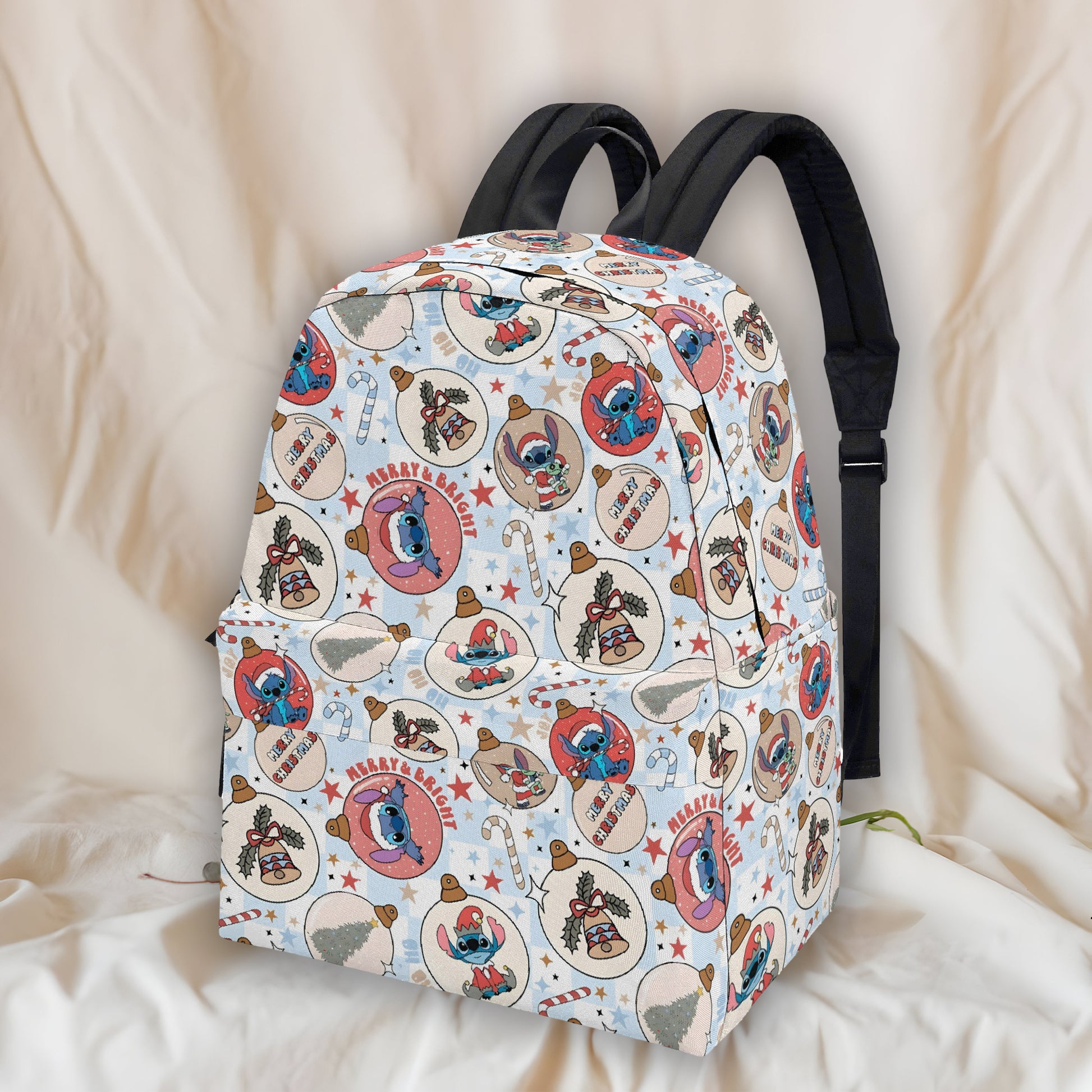 Stitch Christmas Backpack, Ornament Print Holiday Bag, Merry & Bright Cartoon Gift Idea BPGR23