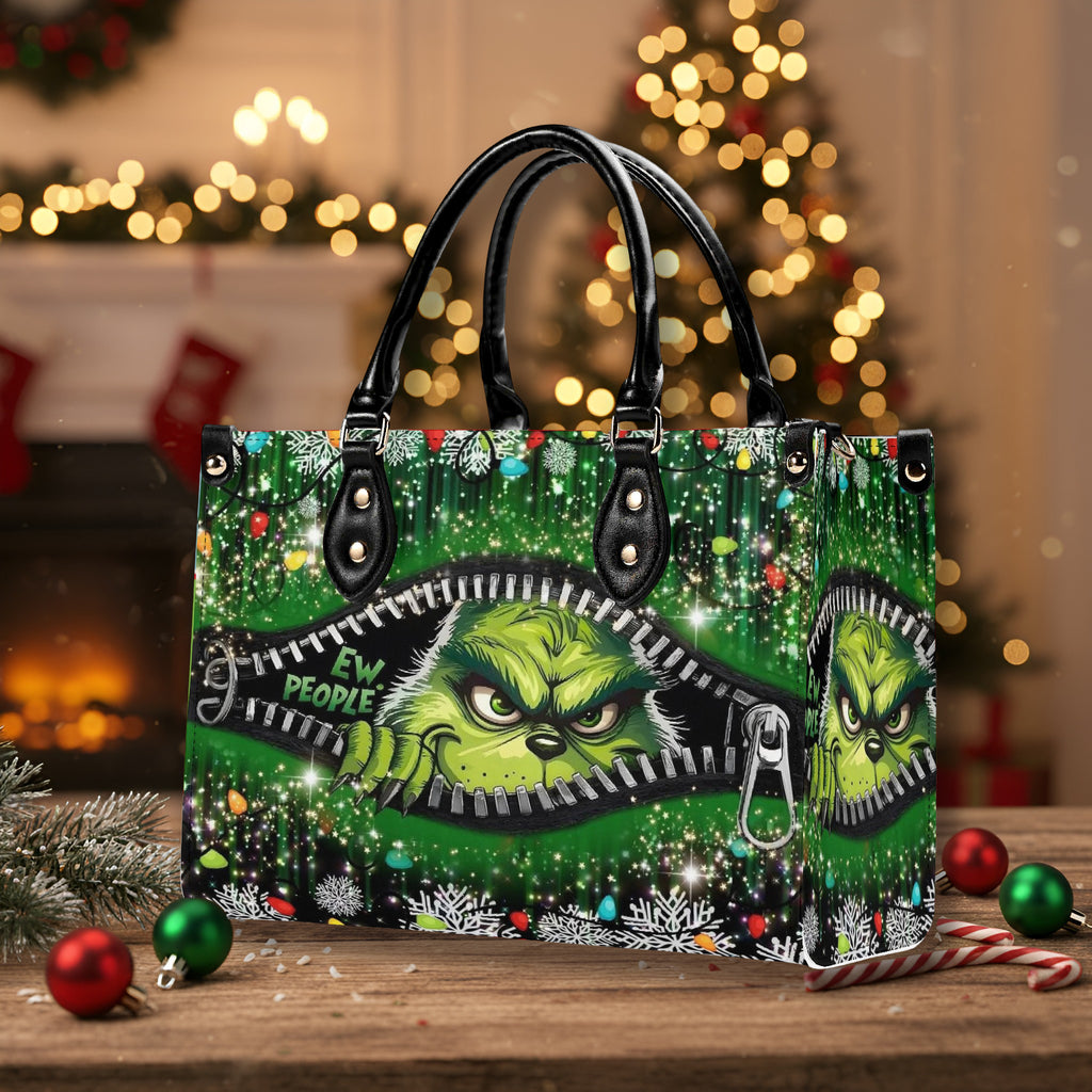 Grinch Santa HandBag, Funny Christmas Leather Bag, Retro Holiday Purse, Whoville Themed Gift Bag, Festive Winter Accessory