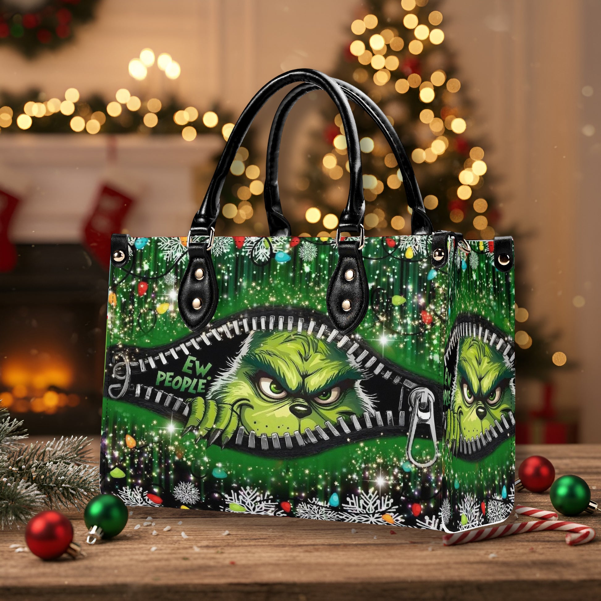 Grinch Santa HandBag, Funny Christmas Leather Bag, Retro Holiday Purse, Whoville Themed Gift Bag, Festive Winter Accessory