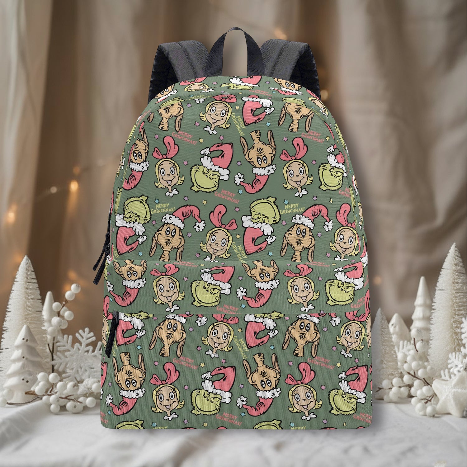 Grinch Green Backpack, Cute Character Pattern, Retro Holiday Bag, Funny Christmas Gift, Travel School Backpack BPGR44