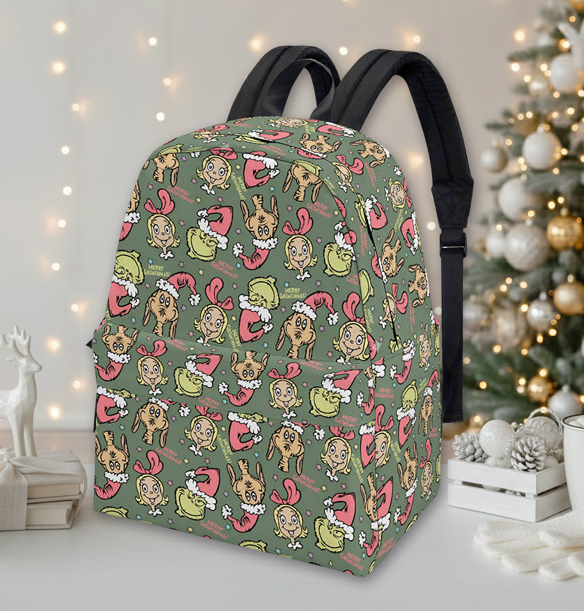 Grinch Green Backpack, Cute Character Pattern, Retro Holiday Bag, Funny Christmas Gift, Travel School Backpack BPGR44