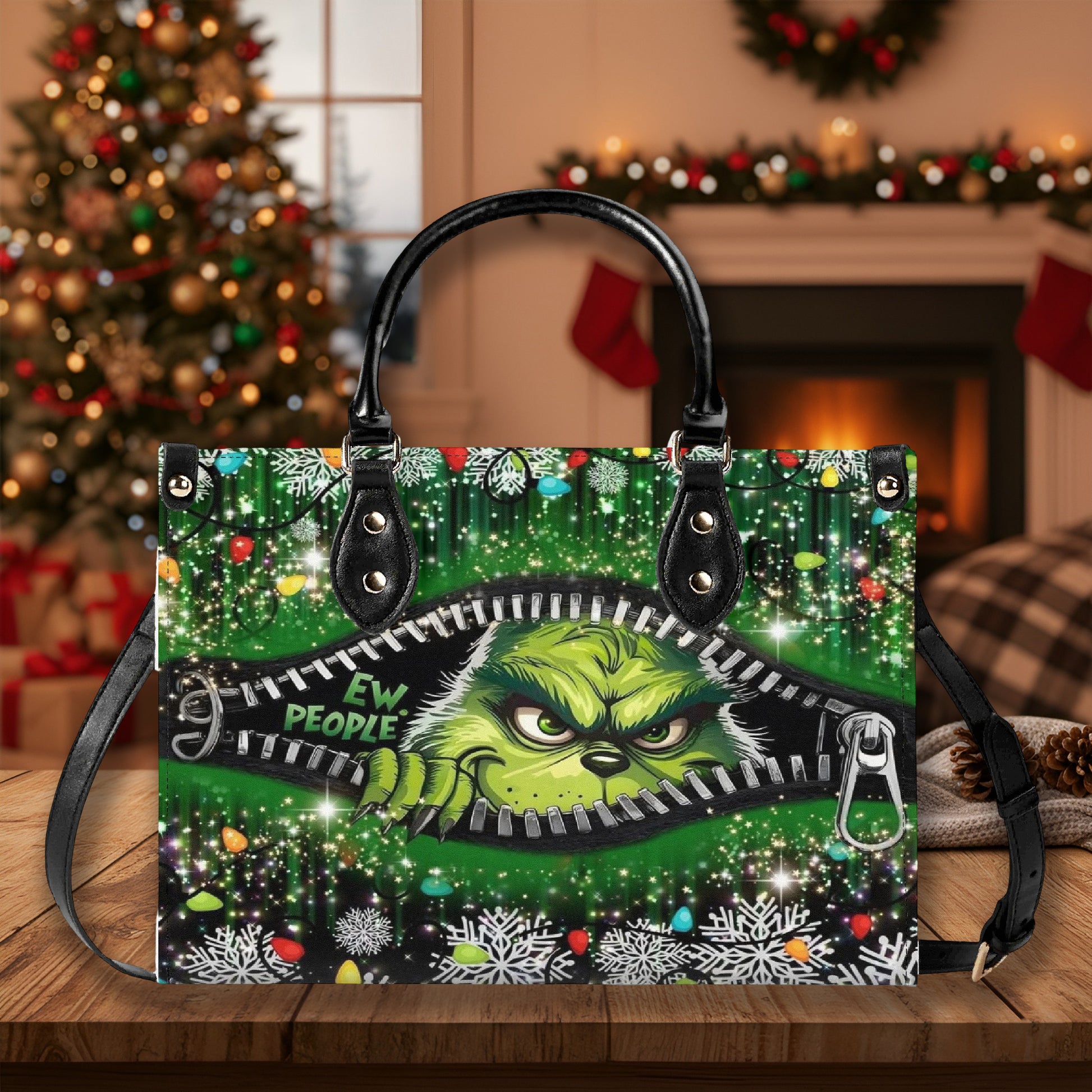 Grinch Santa HandBag, Funny Christmas Leather Bag, Retro Holiday Purse, Whoville Themed Gift Bag, Festive Winter Accessory