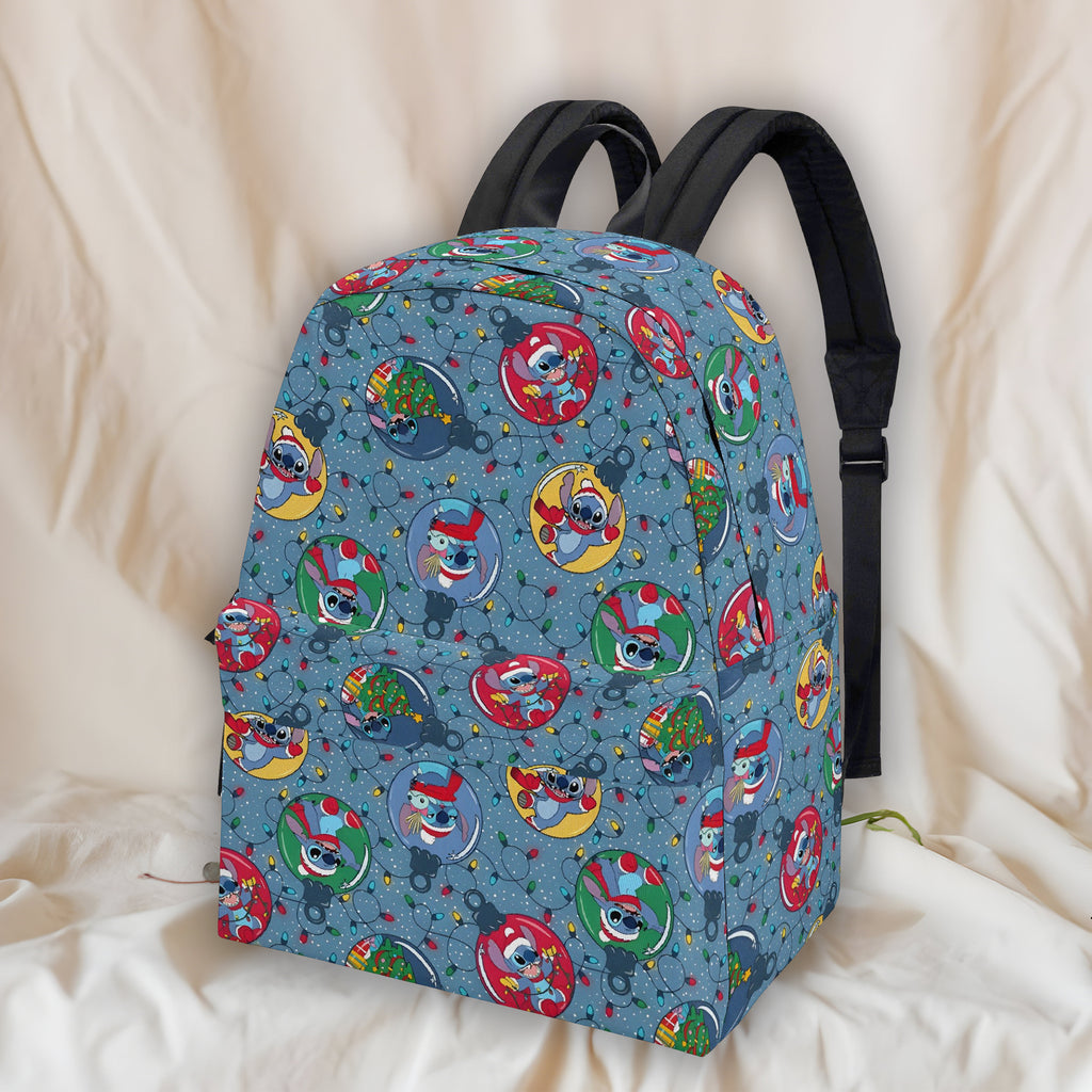 Stitch Holiday Backpack, Christmas Lights & Ornament Print, Festive Cartoon Gift Bag BPGR24
