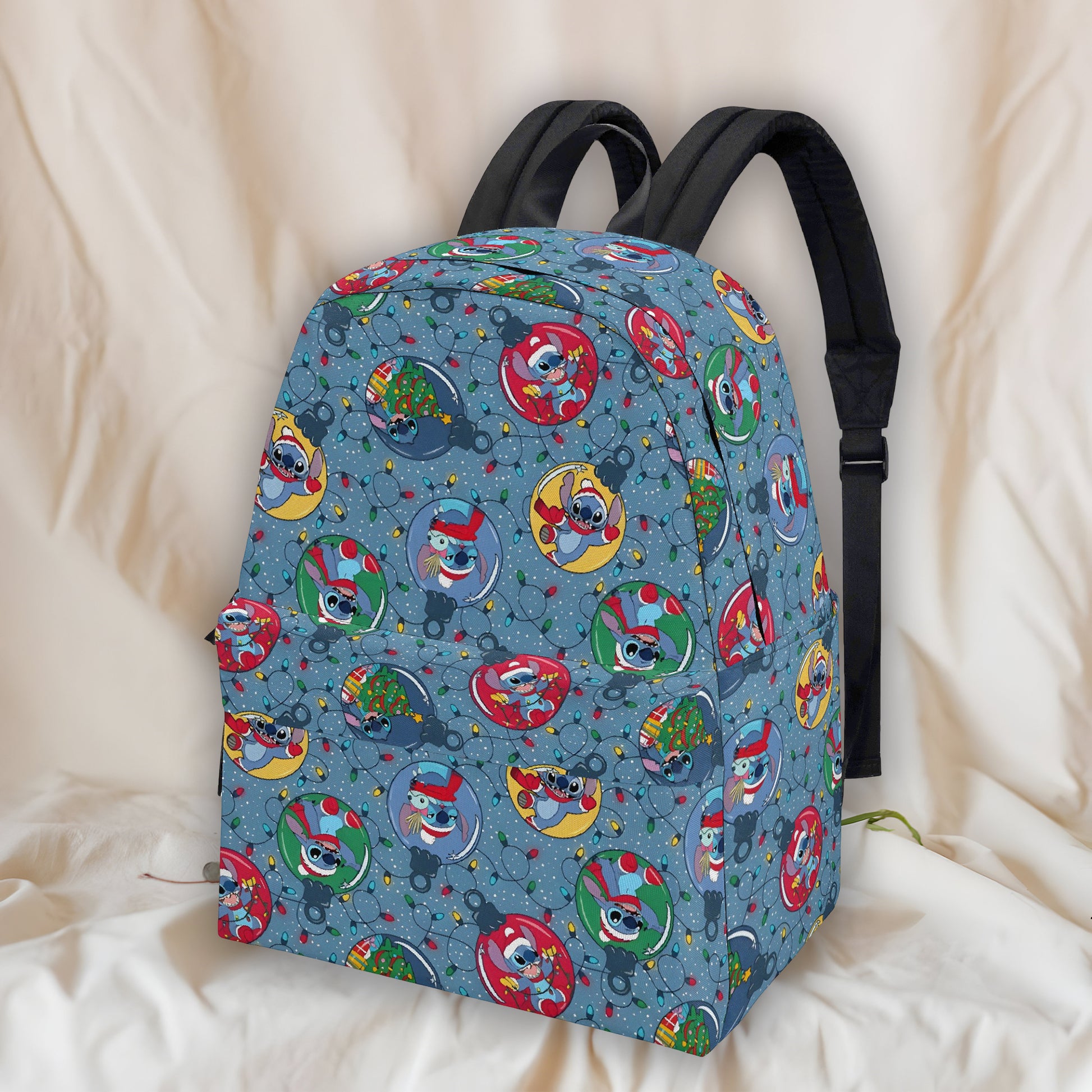 Stitch Holiday Backpack, Christmas Lights & Ornament Print, Festive Cartoon Gift Bag BPGR24
