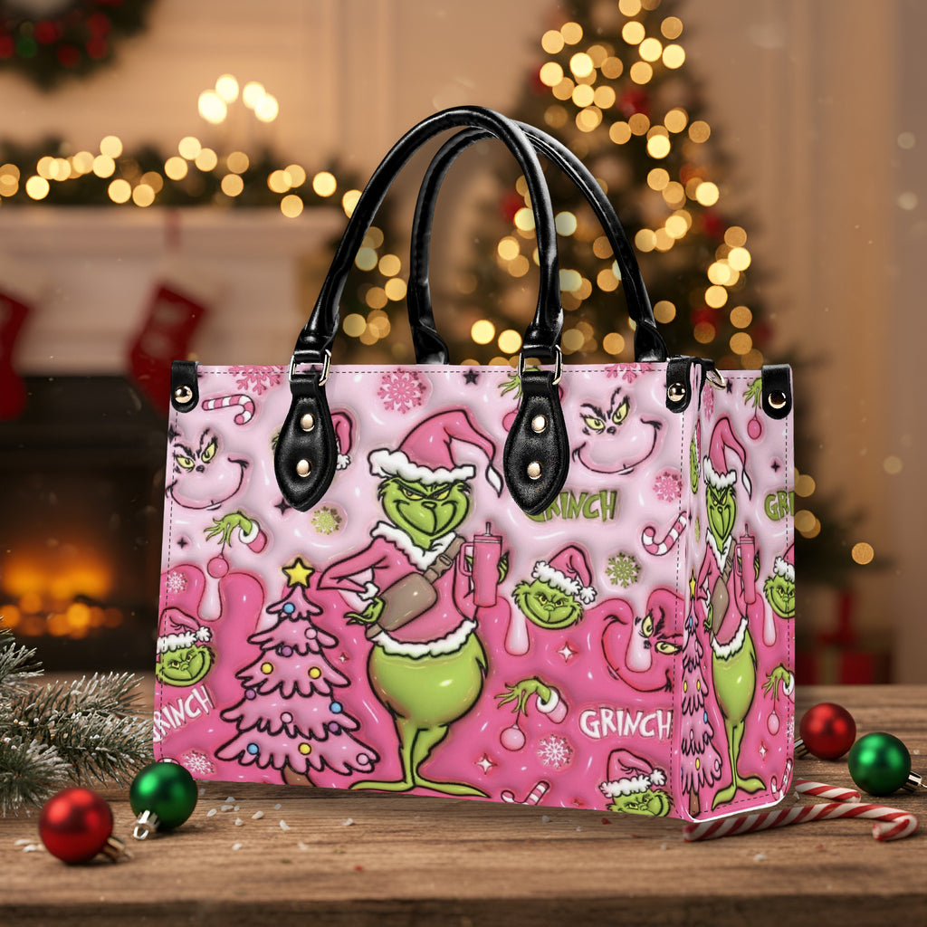 Pink Grinch Coffee HandBag, Grinchmas Leather Bag, Christmas Party Purse, Funny Holiday Gift Bag for Her