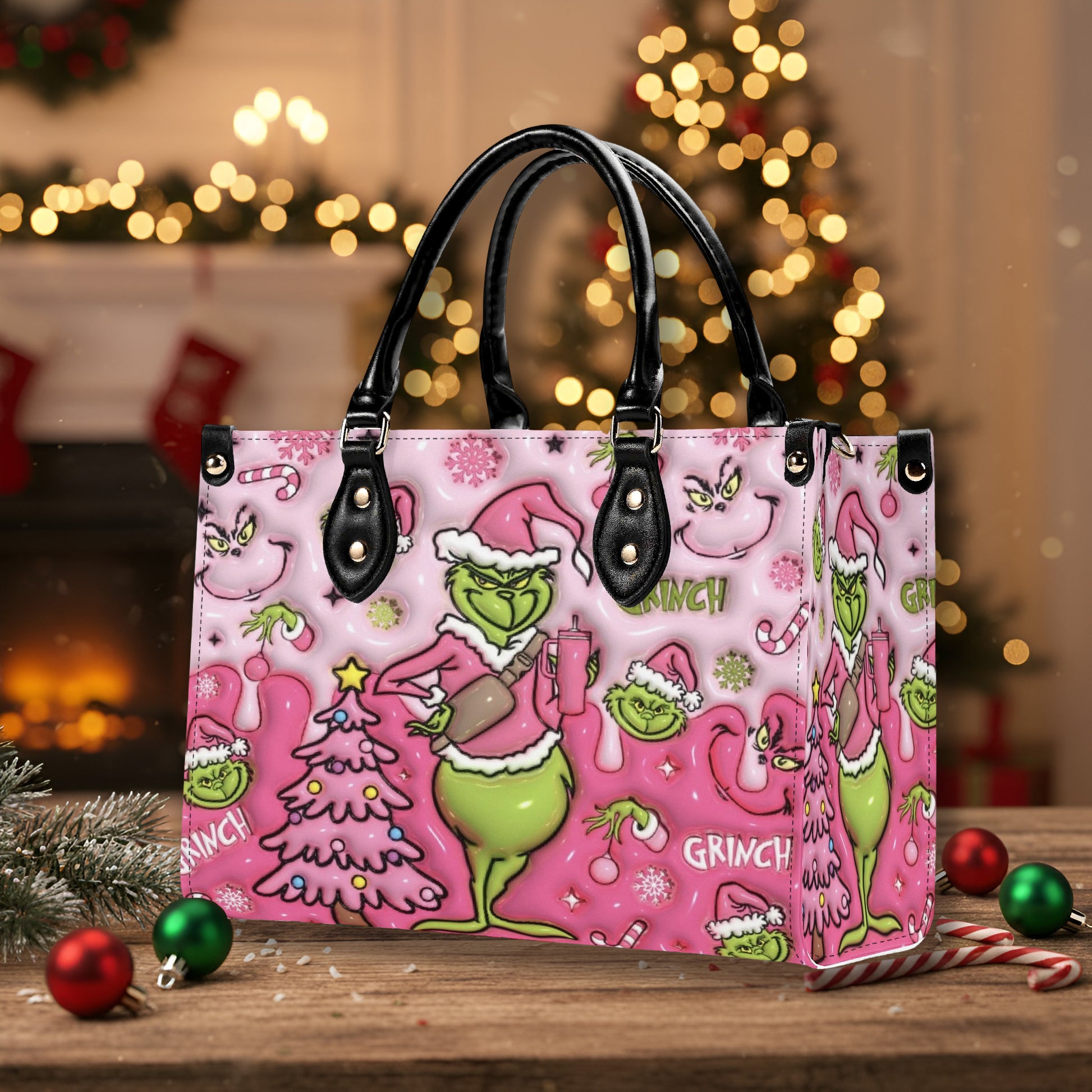 Pink Grinch Coffee HandBag, Grinchmas Leather Bag, Christmas Party Purse, Funny Holiday Gift Bag for Her
