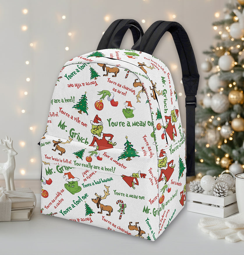 Mr. Grinch Backpack, Classic Quote Pattern, Retro Christmas Bag, Funny Holiday Gift, Travel School Backpack BPGR45