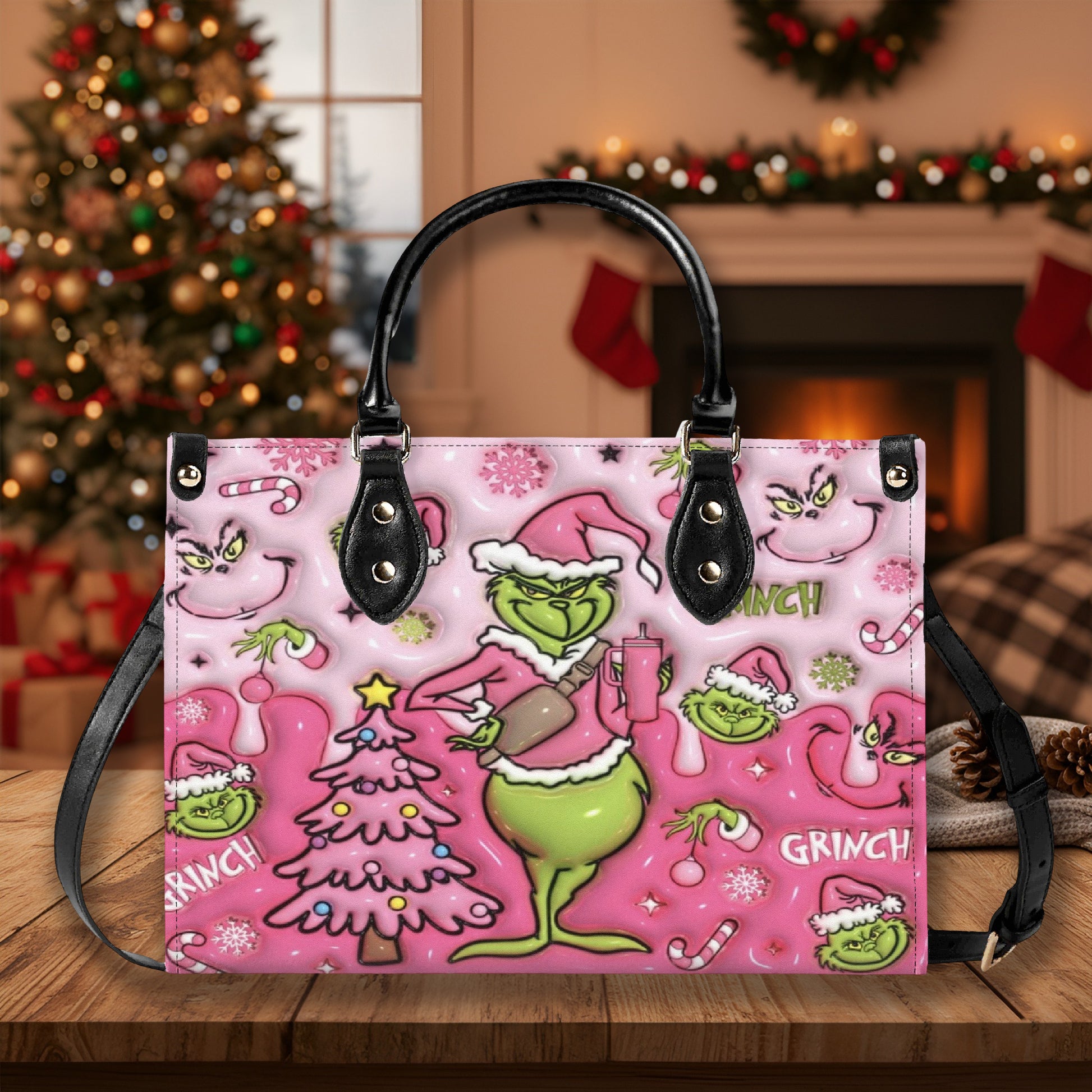 Pink Grinch Coffee HandBag, Grinchmas Leather Bag, Christmas Party Purse, Funny Holiday Gift Bag for Her