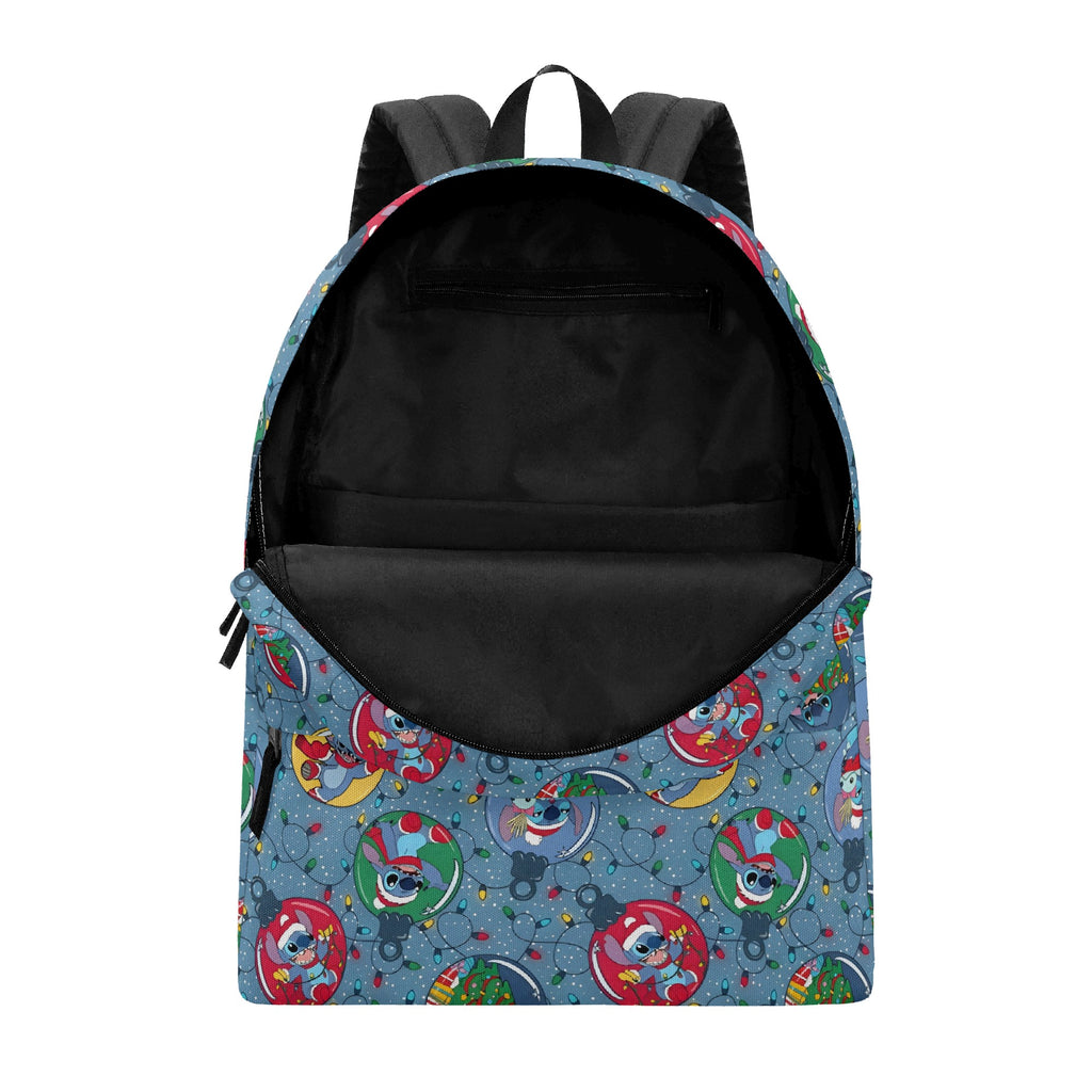 Stitch Holiday Backpack, Christmas Lights & Ornament Print, Festive Cartoon Gift Bag BPGR24
