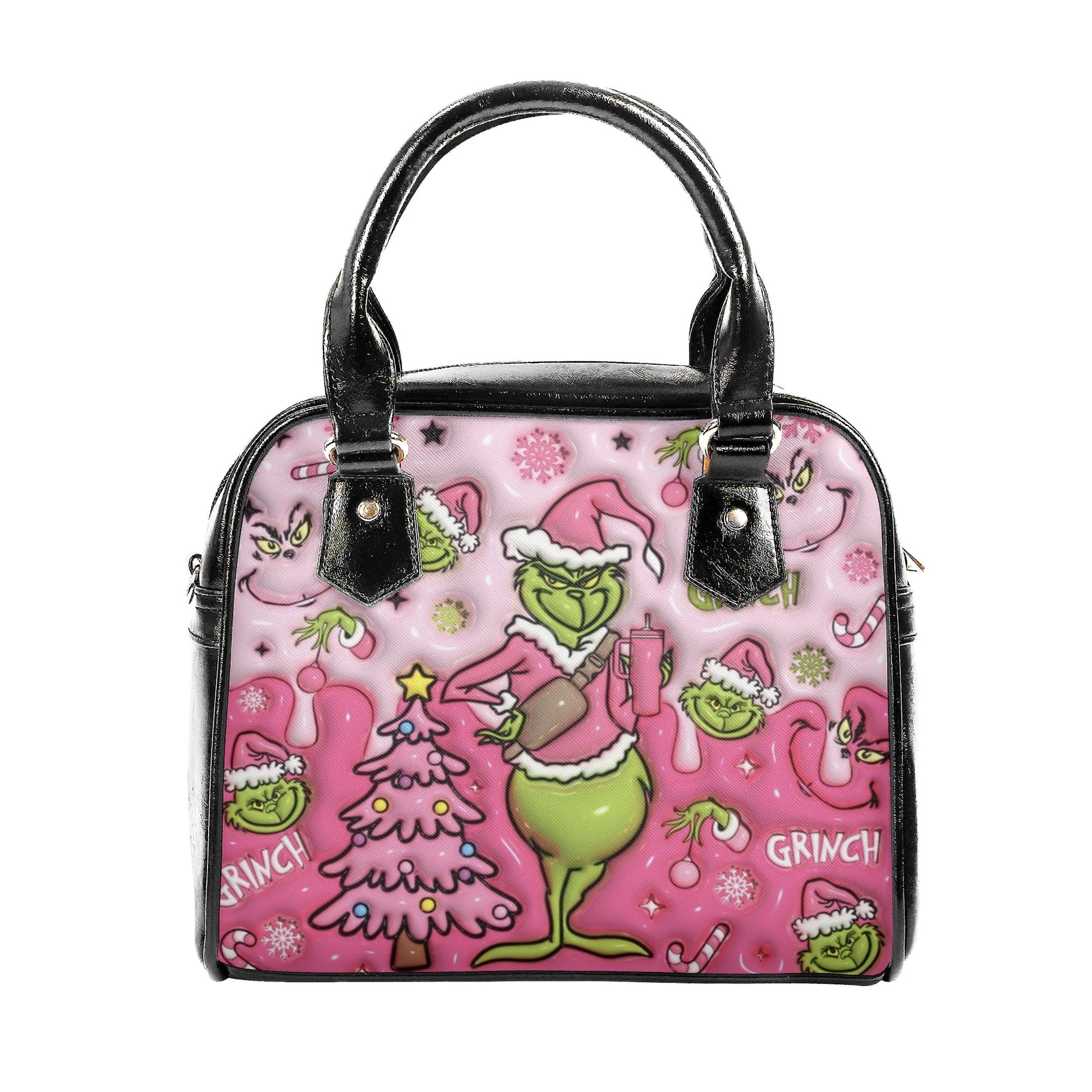 Pink Grinch Coffee HandBag, Grinchmas Leather Bag, Christmas Party Purse, Funny Holiday Gift Bag for Her
