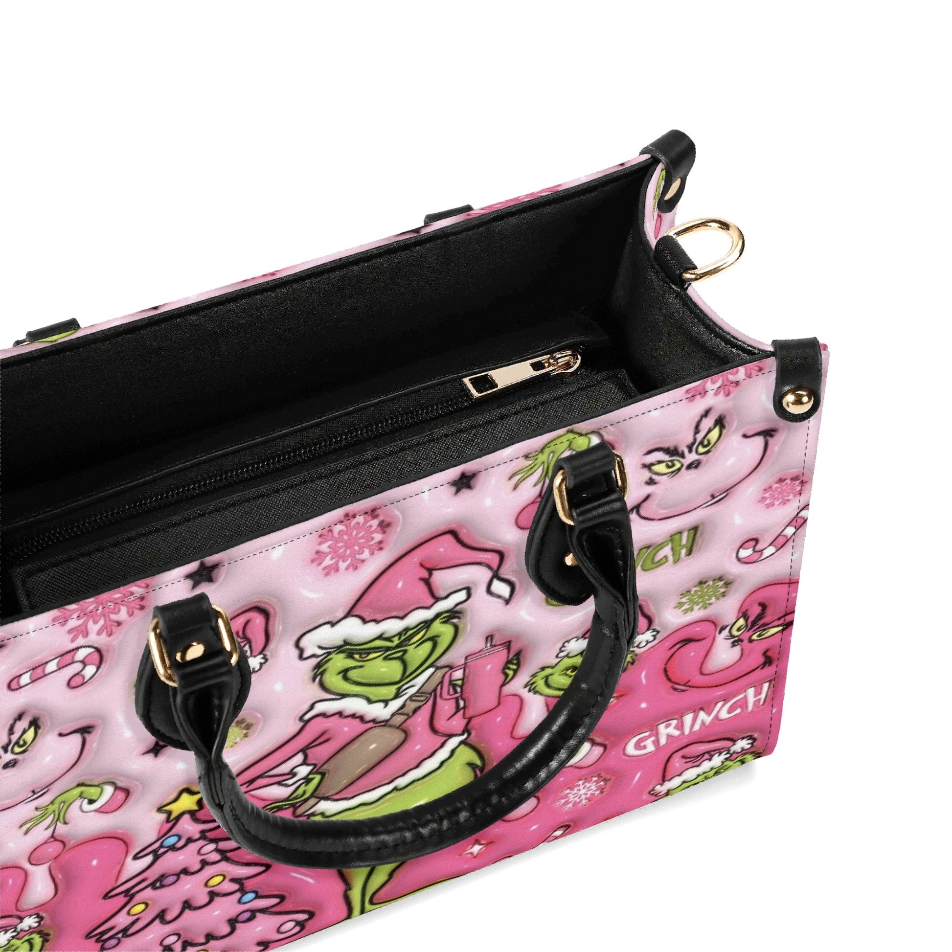 Pink Grinch Coffee HandBag, Grinchmas Leather Bag, Christmas Party Purse, Funny Holiday Gift Bag for Her