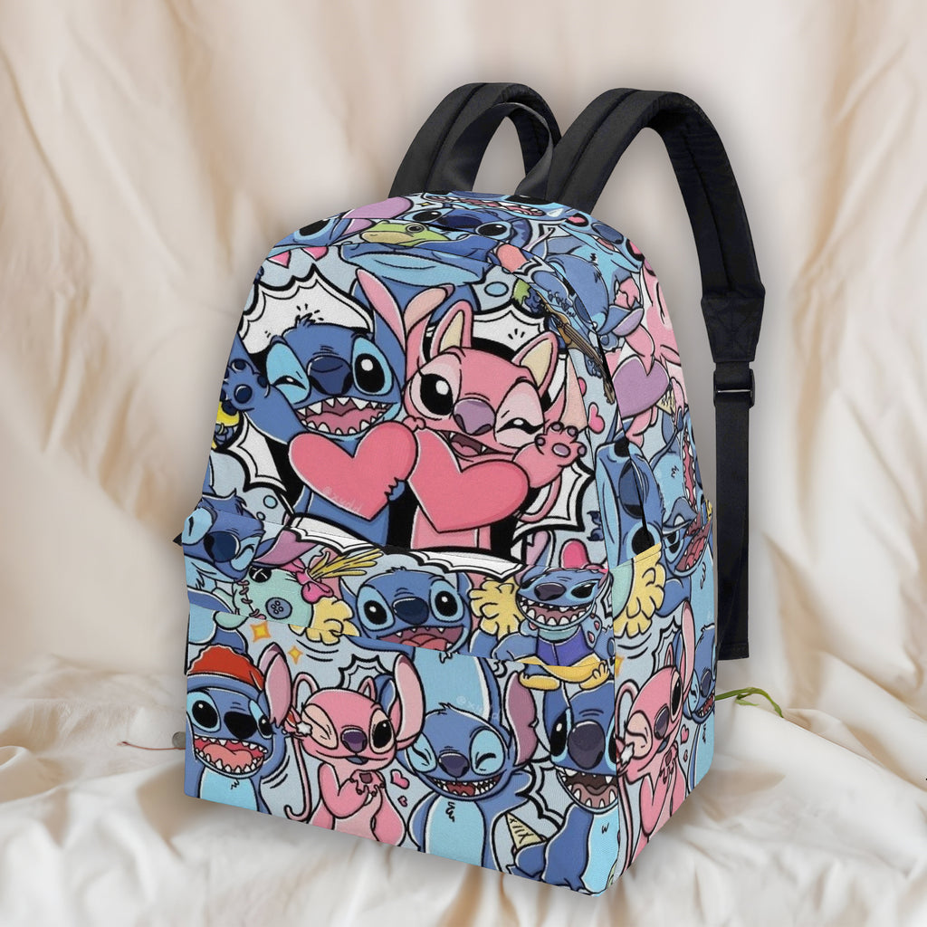 Stitch and Angel Backpack, Love Heart Pop Art Print, Cute Couple Cartoon Bag for Fans BPGR25