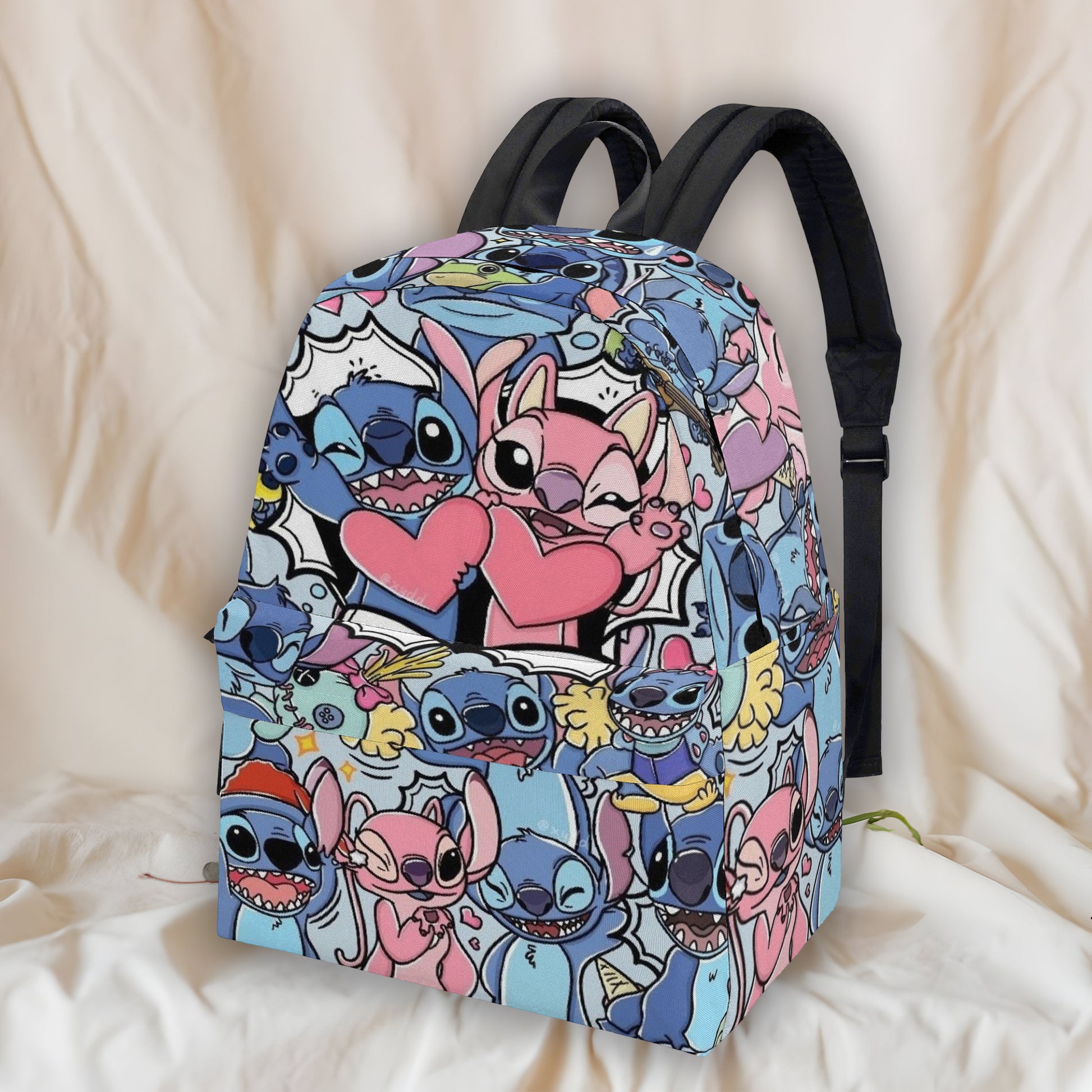 Stitch and Angel Backpack, Love Heart Pop Art Print, Cute Couple Cartoon Bag for Fans BPGR25